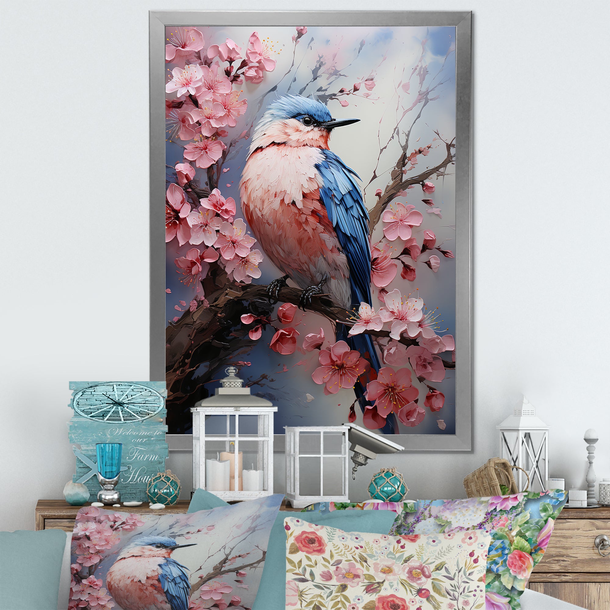 Blue bird among florals - Bird Home Decor Art