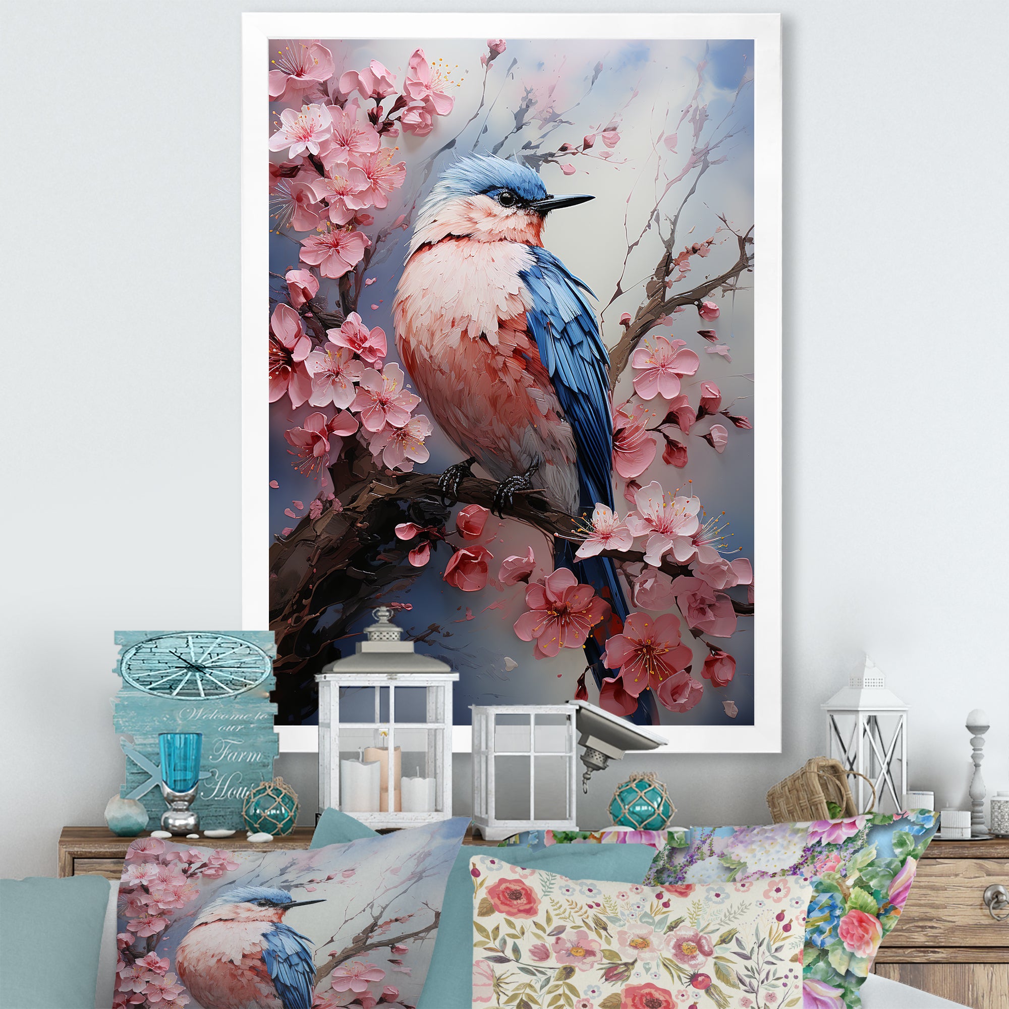 Blue bird among florals - Bird Home Decor Art