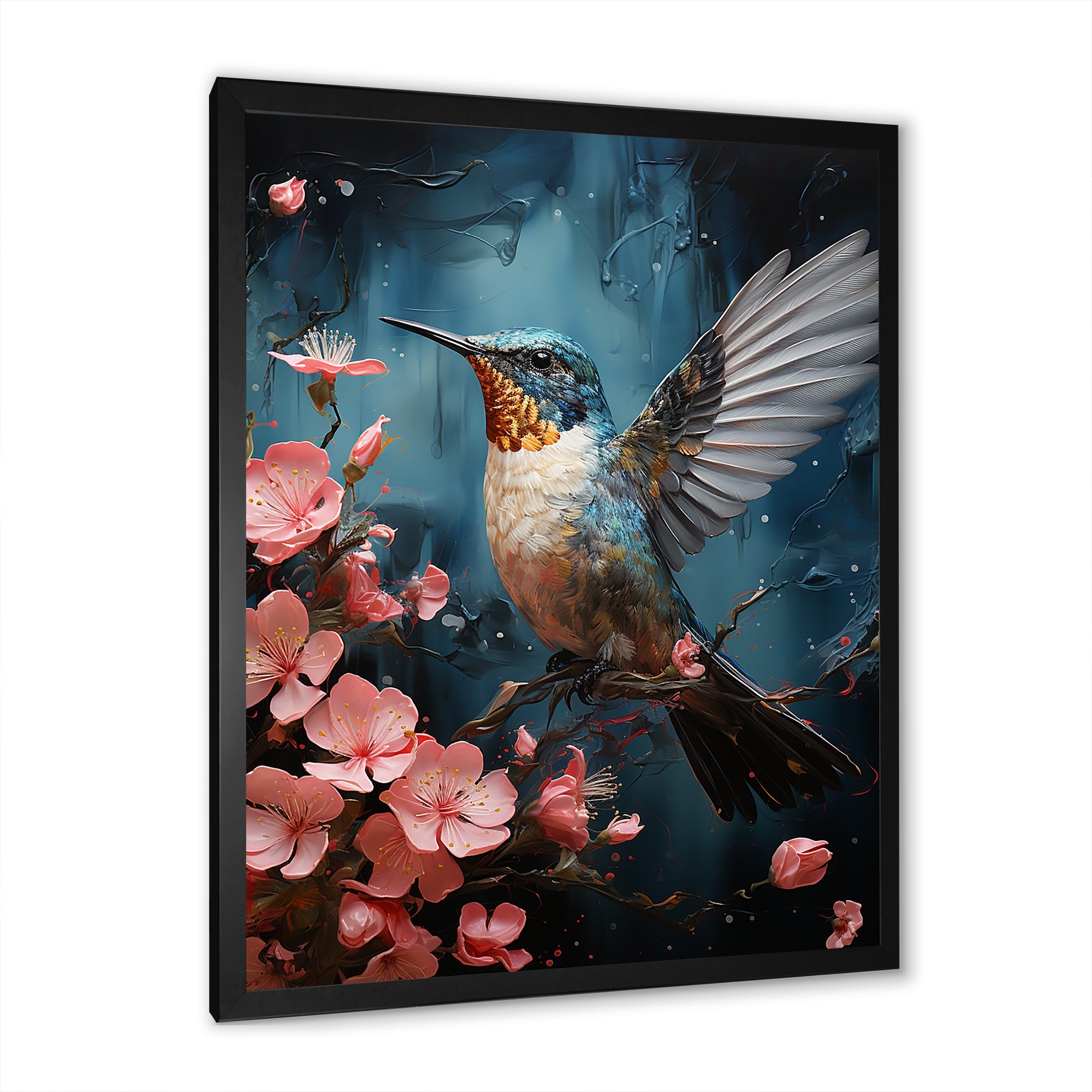 Blue Floral Flight hummingbird - Hummingbird Bedroom Wall Art