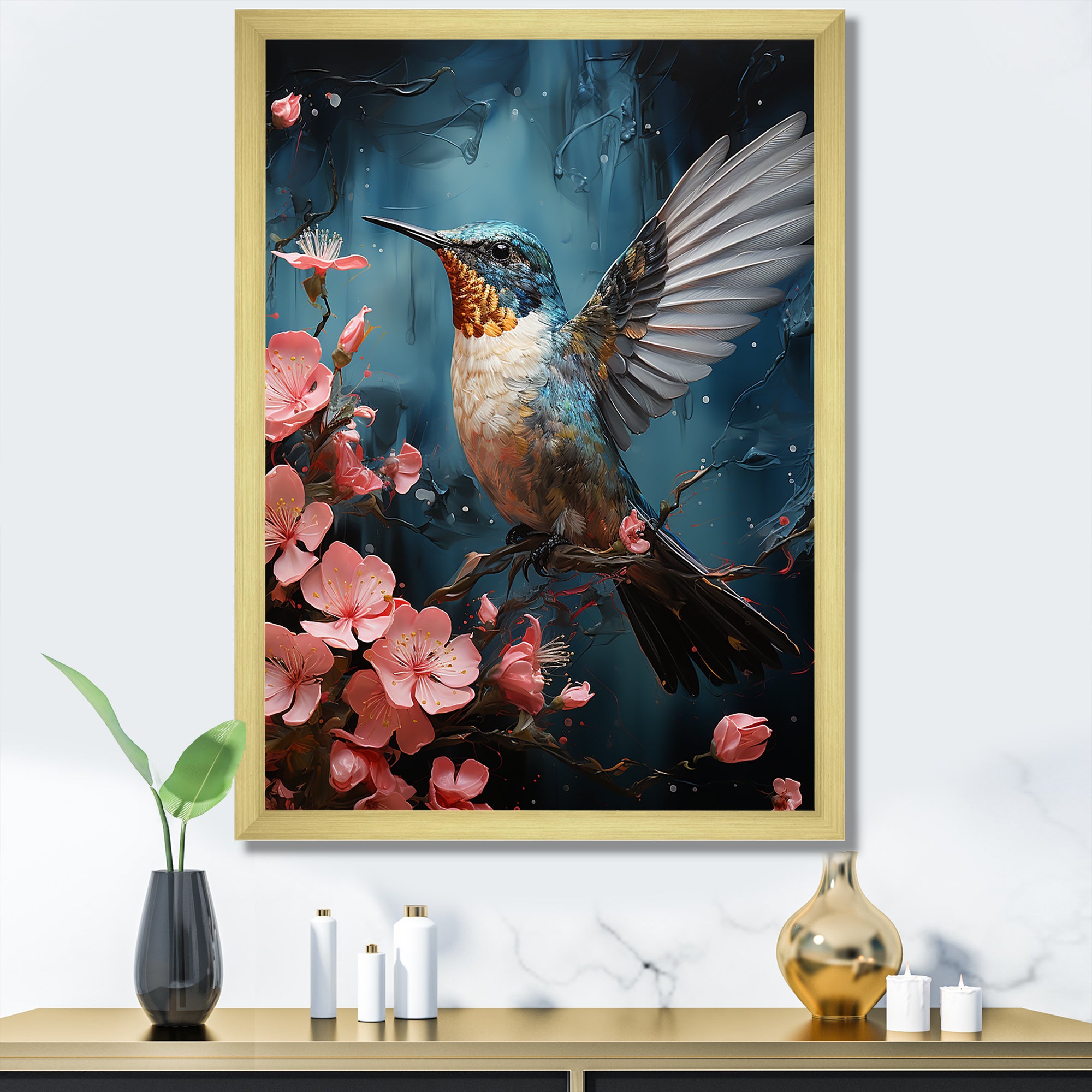 Blue Floral Flight hummingbird - Hummingbird Bedroom Wall Art