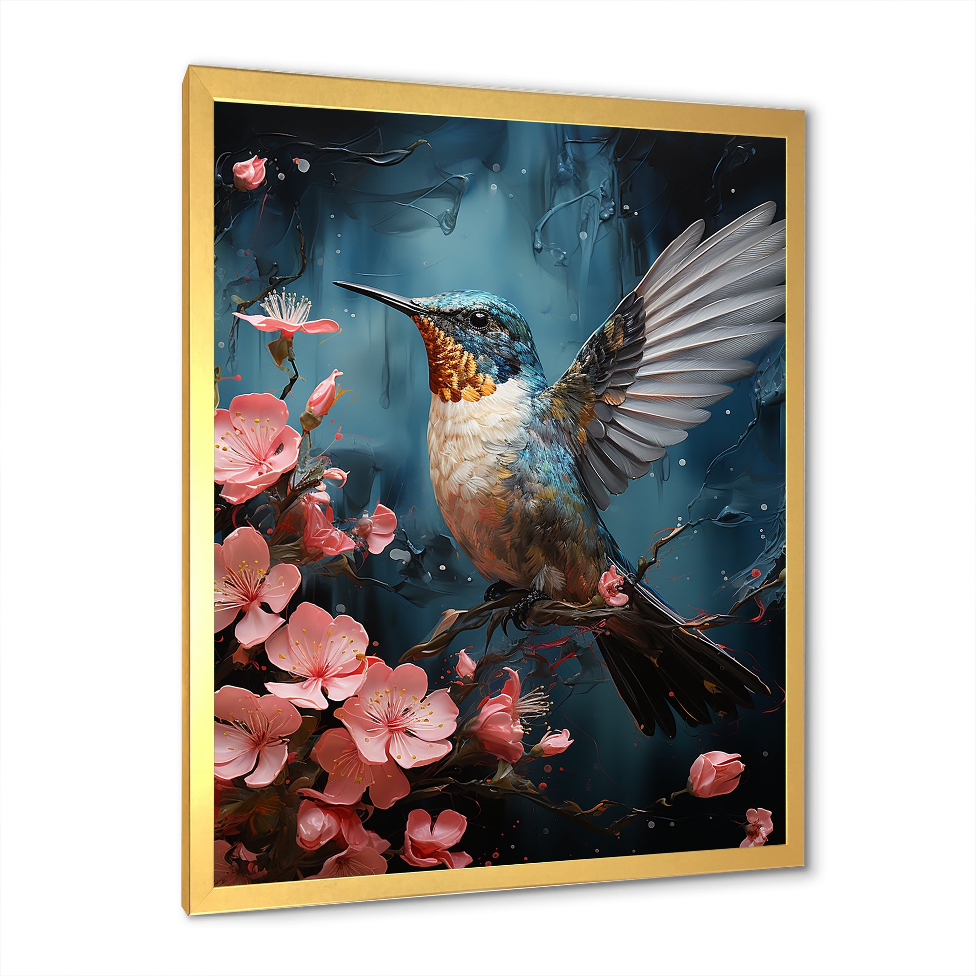 Blue Floral Flight hummingbird - Hummingbird Bedroom Wall Art