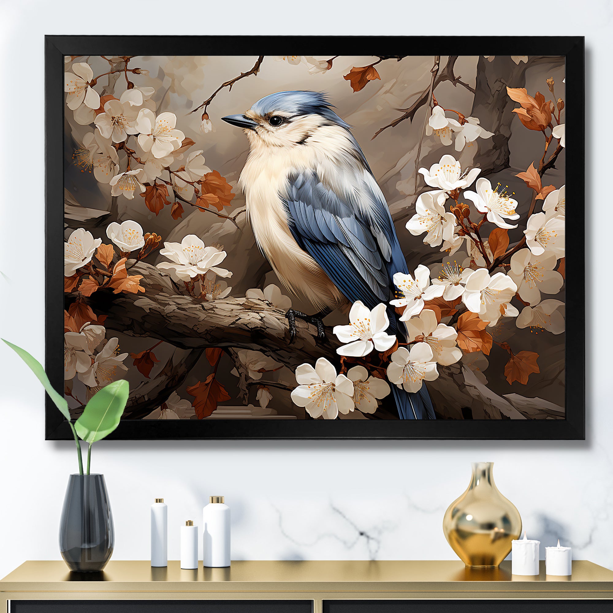 Blue floral Ethereal bird - Bird Canvas Wall Art
