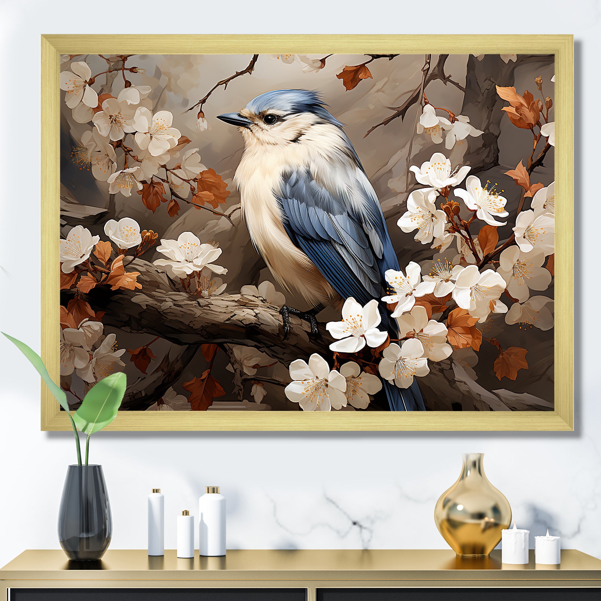 Blue floral Ethereal bird - Bird Canvas Wall Art