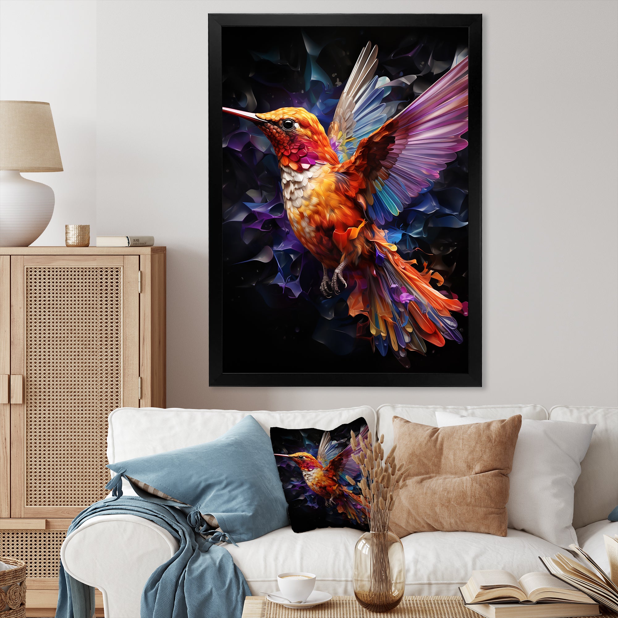 Orange and pink Radiant hummingbird Beauty - Hummingbird Bedroom Wall Art