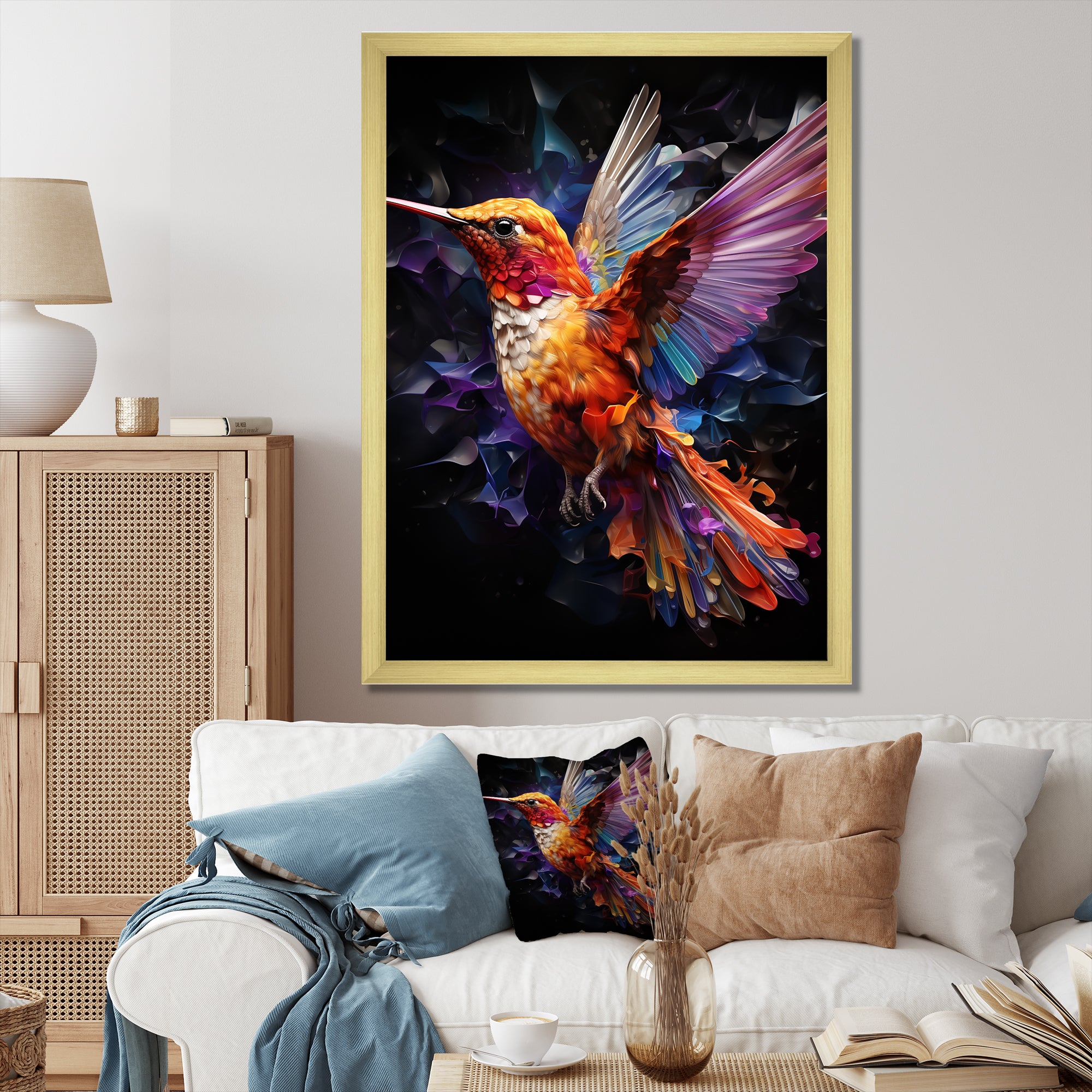 Orange and pink Radiant hummingbird Beauty - Hummingbird Bedroom Wall Art