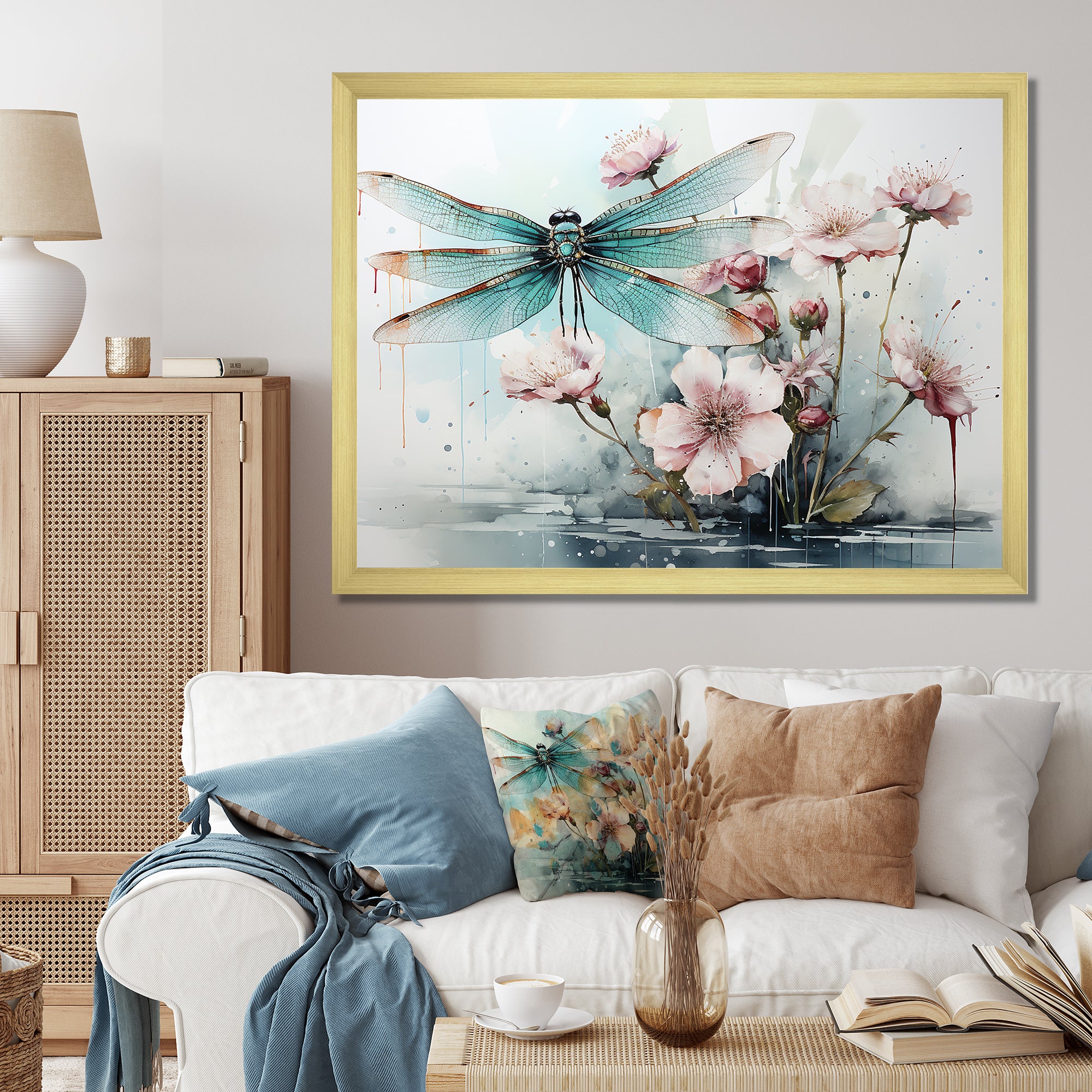 Green and pink flower flying dragonfly by the pond - Insects & Bugs Canvas Wall Art