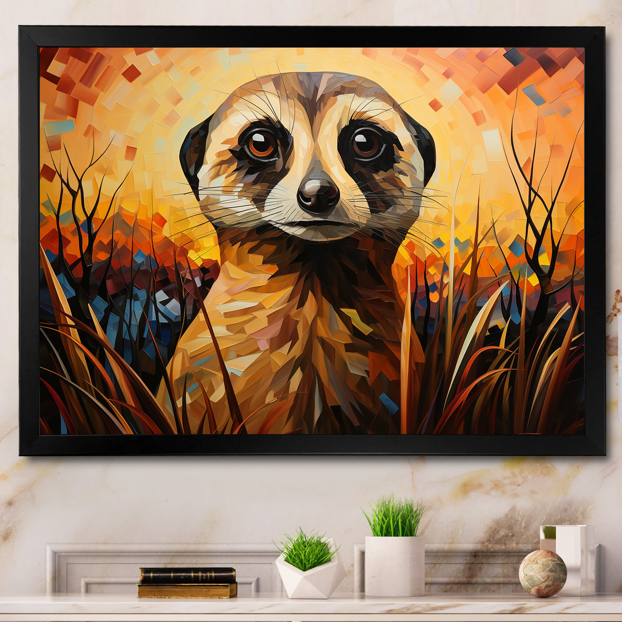 Yellow Meerkat floral meadows - Meercat Framed Canvas Art