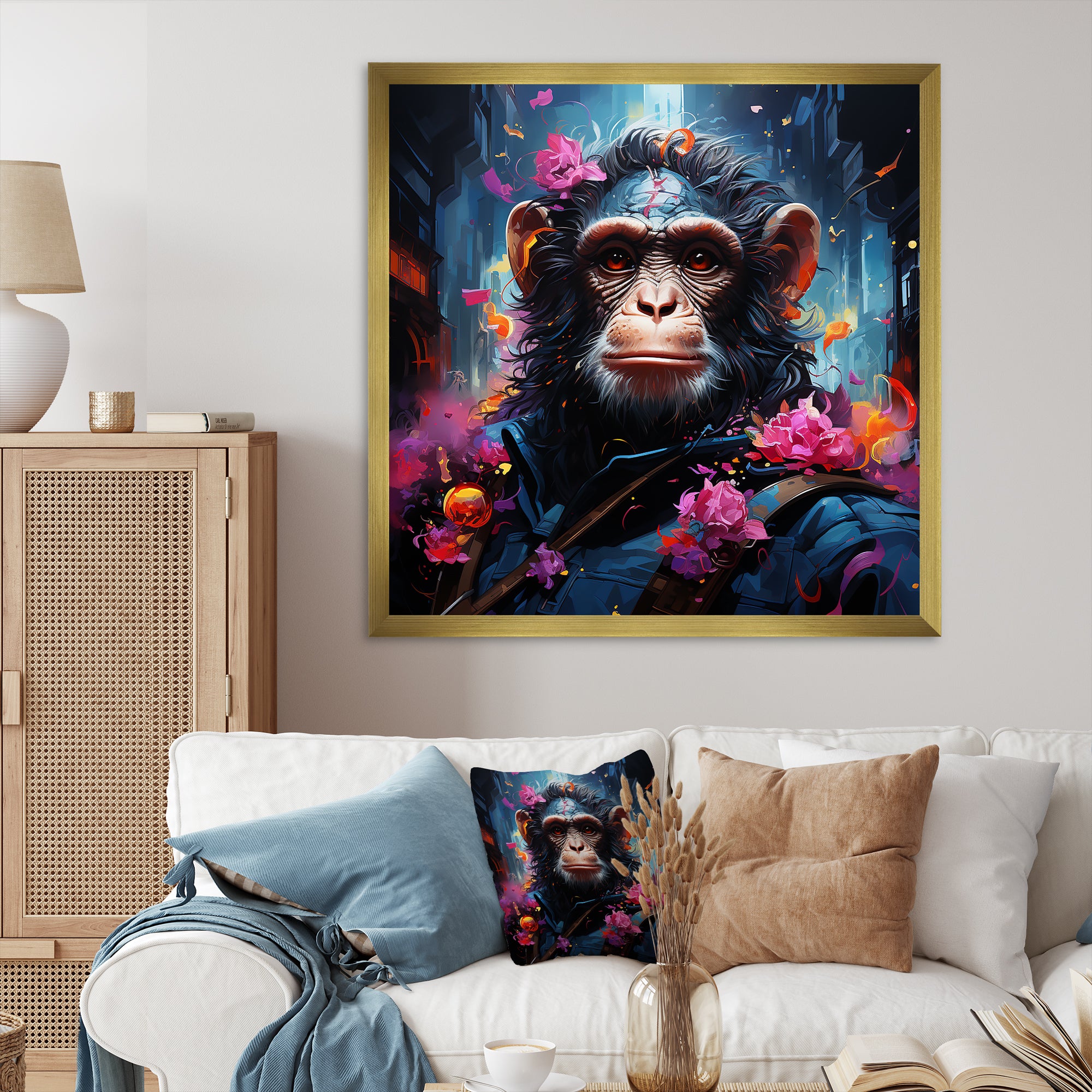 Floral Monkey warrior - Monkey Canvas Wall Art