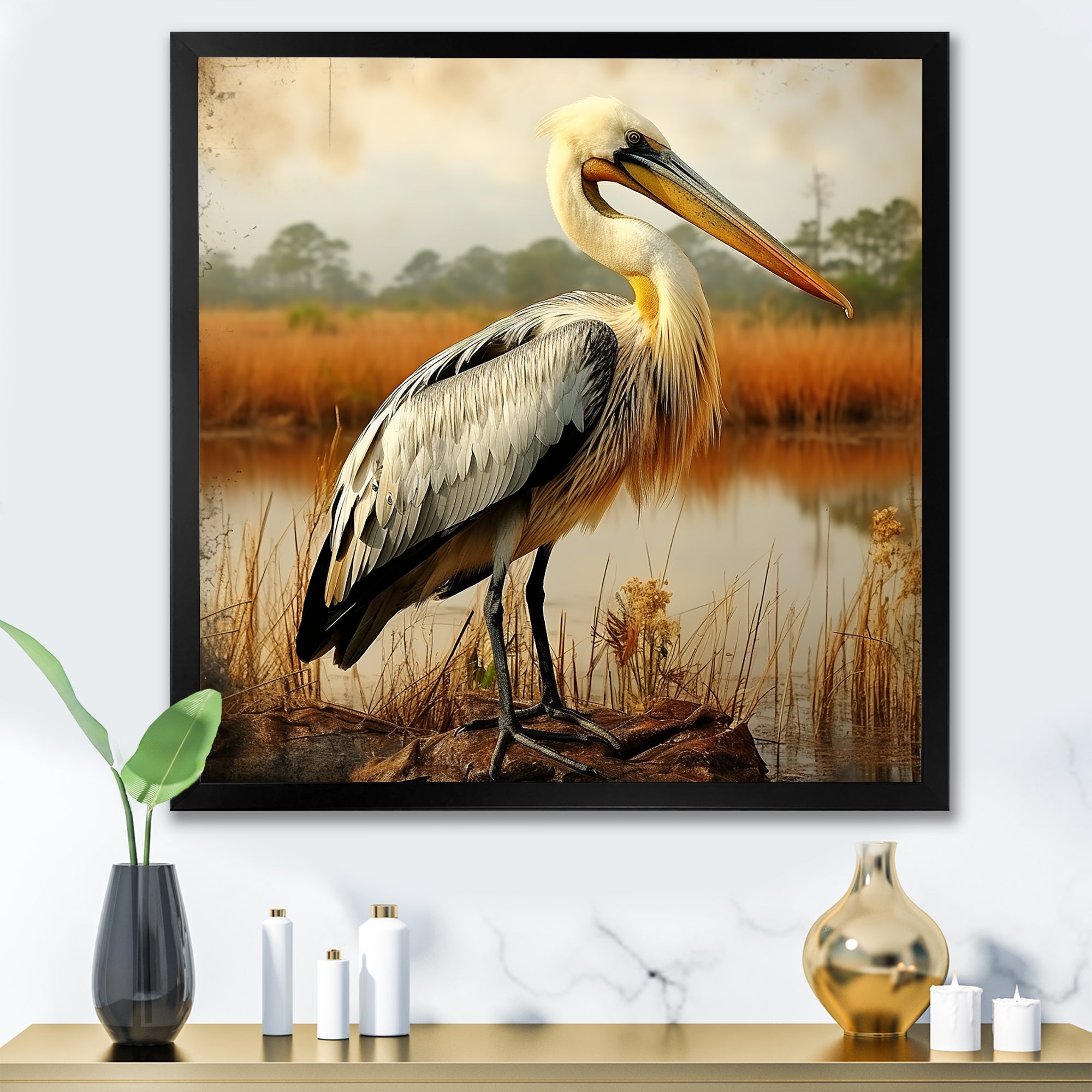 Black Pelican by the shore - Pelican Bedroom Wall Art
