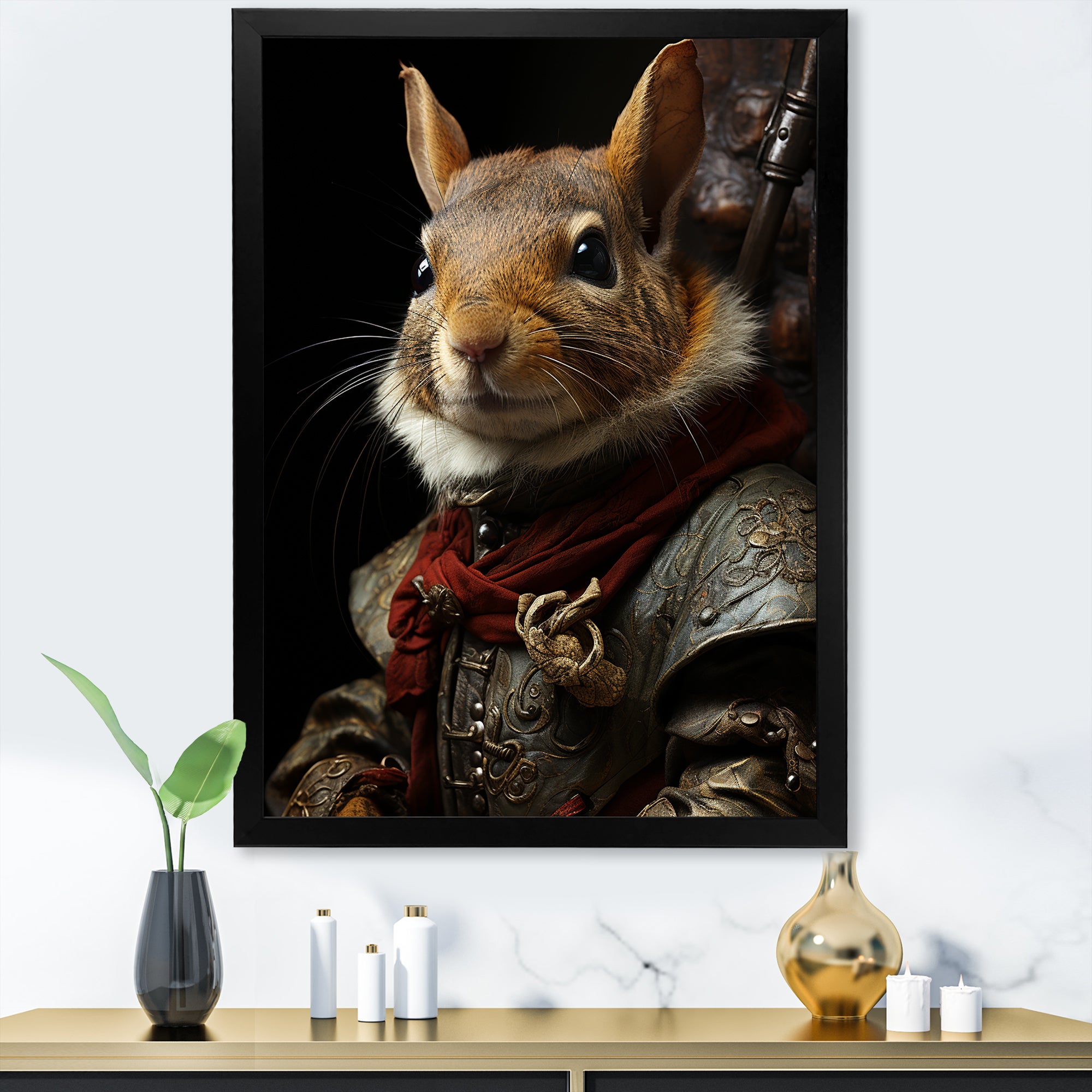 Medieval Squirrel Portrait in Armor - Rodent Framed Canvas Art