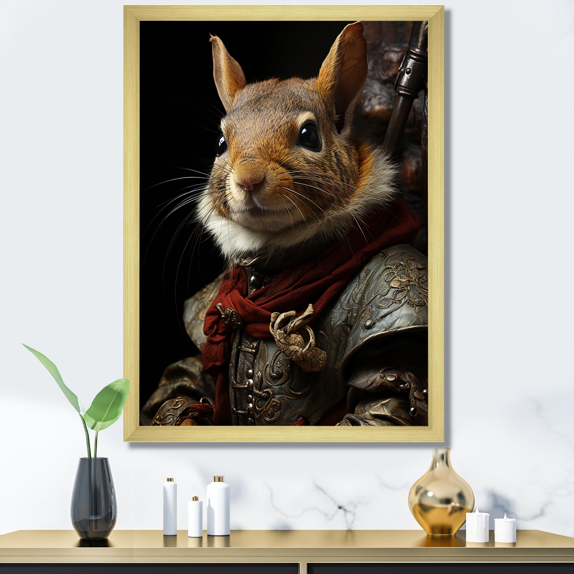 Medieval Squirrel Portrait in Armor - Rodent Framed Canvas Art