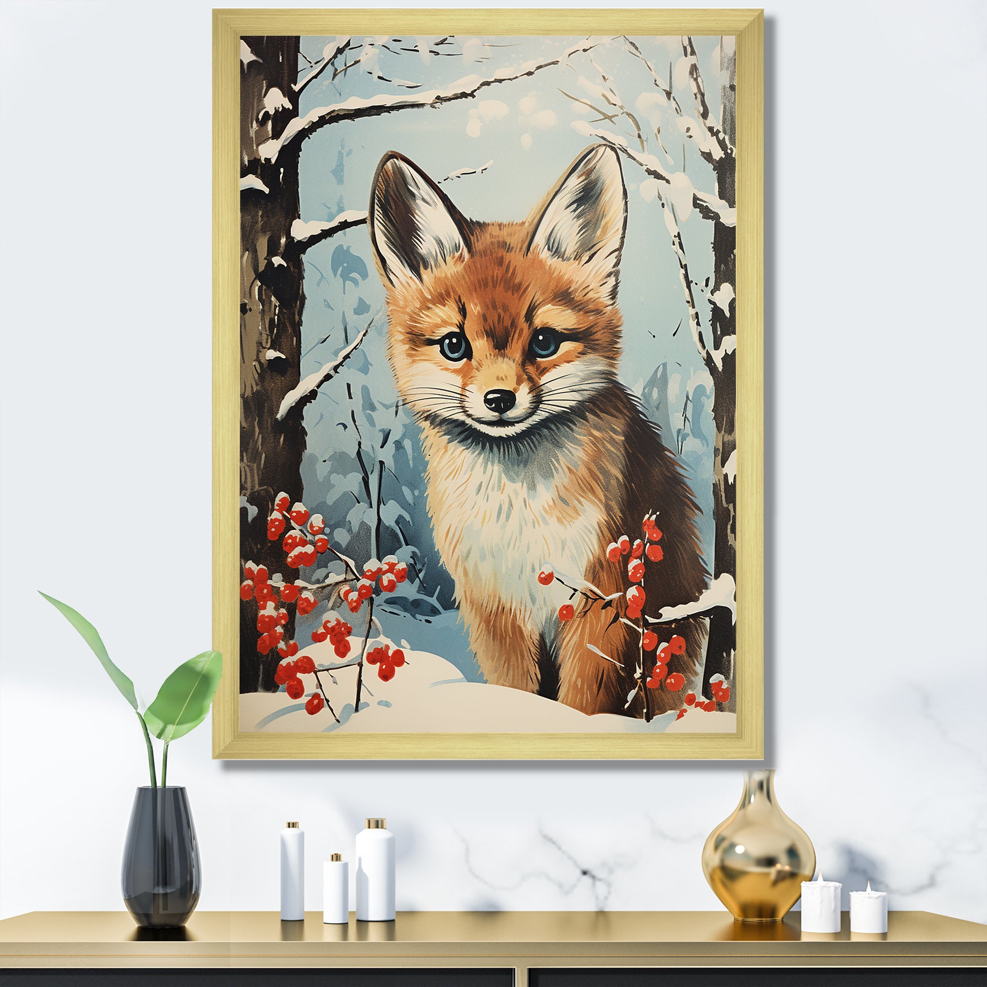 Winter scene cute fox in forest - Fox Framed Canvas Art