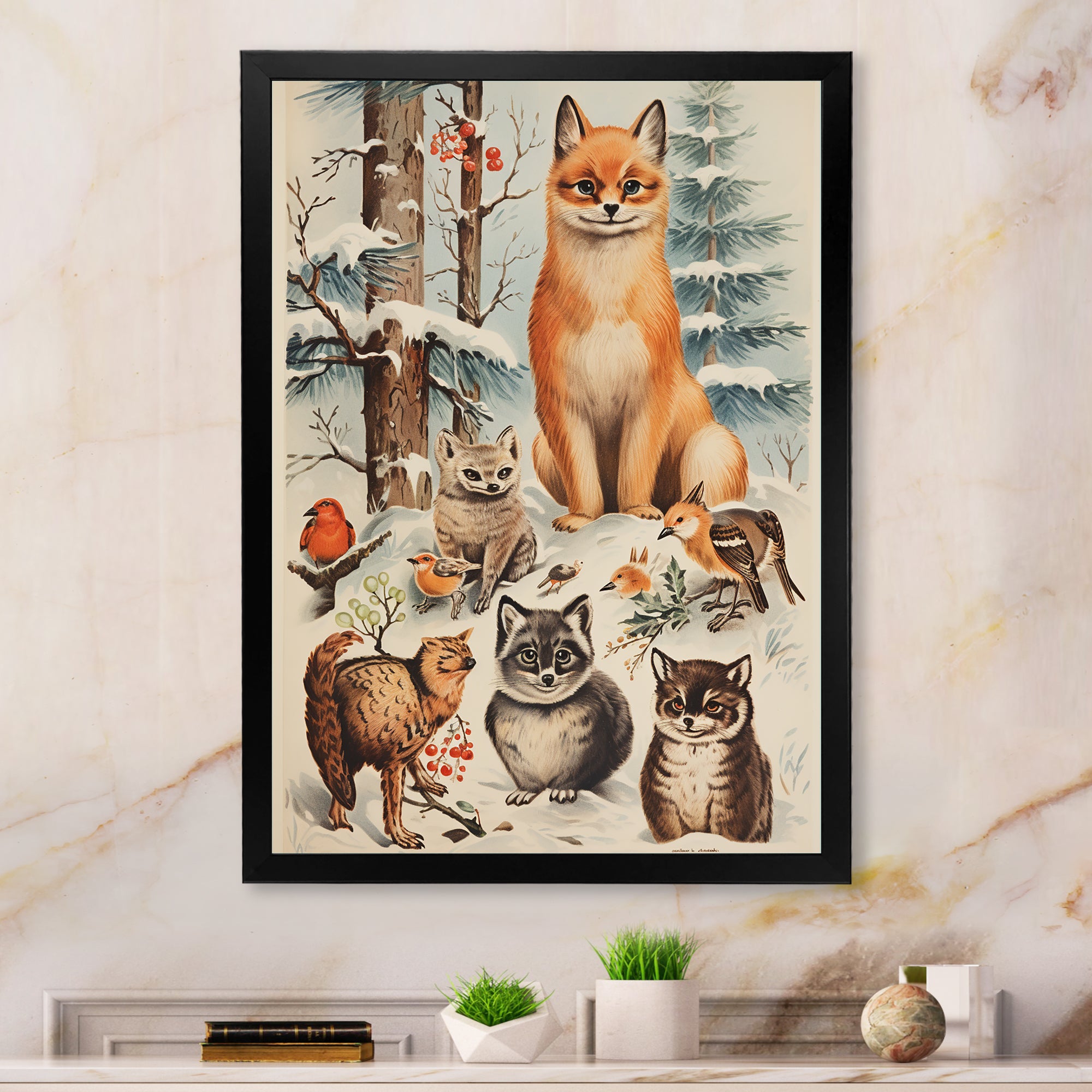 Winter Animal fox with friends - Fox Home Decor Art