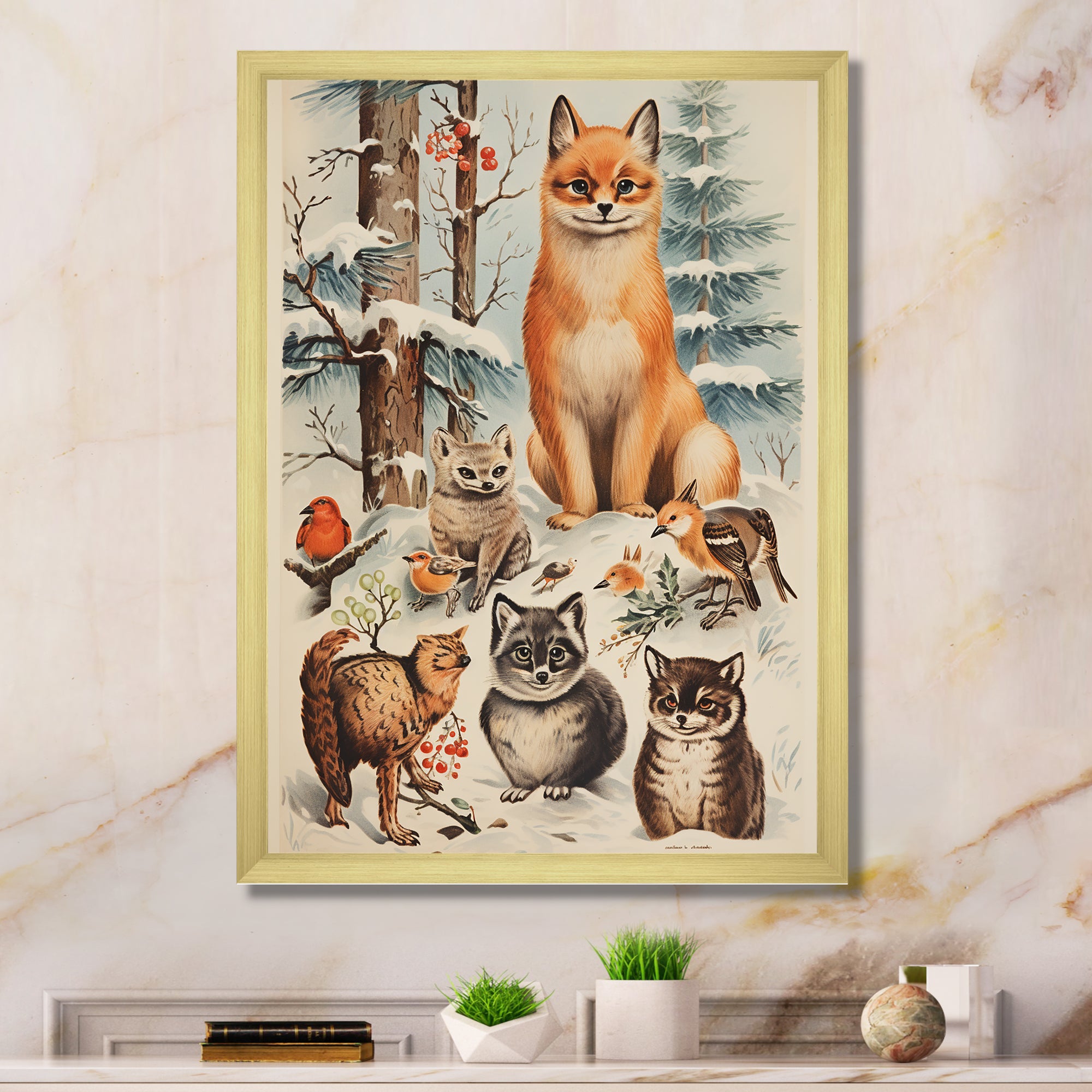 Winter Animal fox with friends - Fox Home Decor Art
