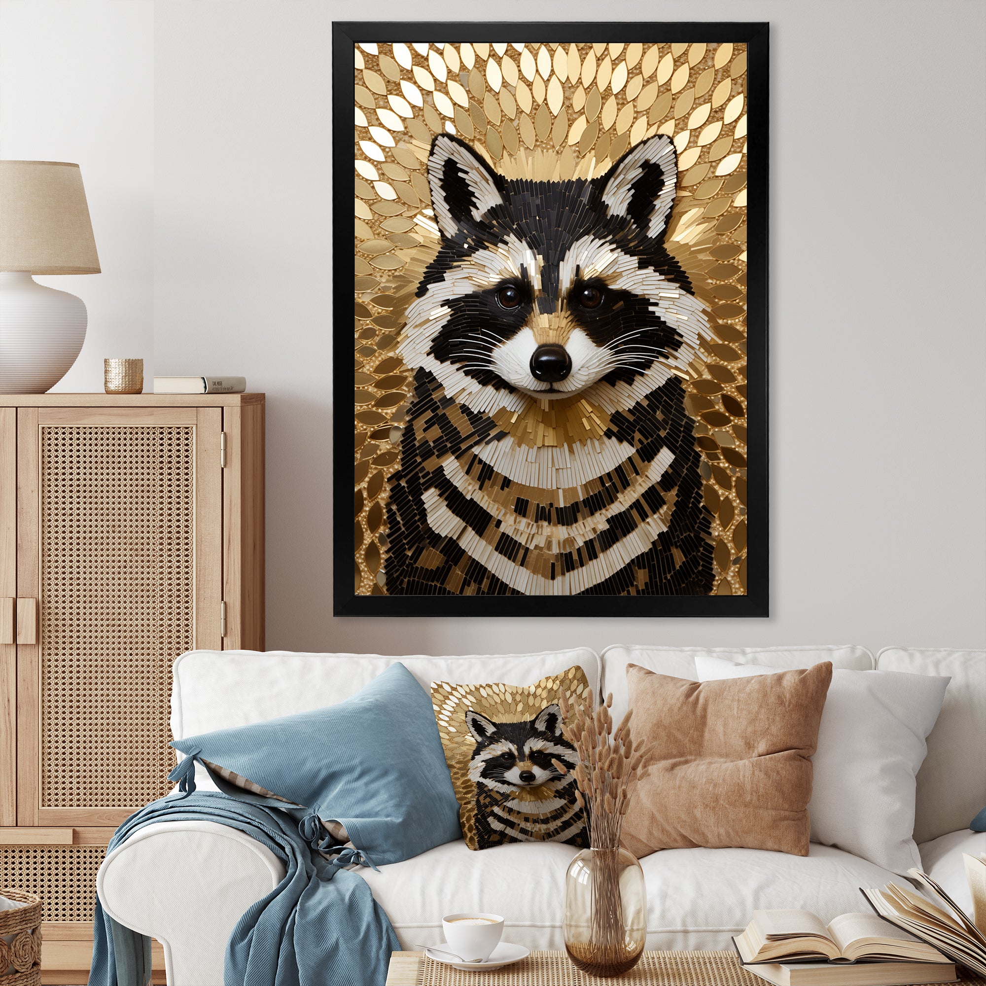 Gold and black curious racoon - Raccoon Canvas Wall Art