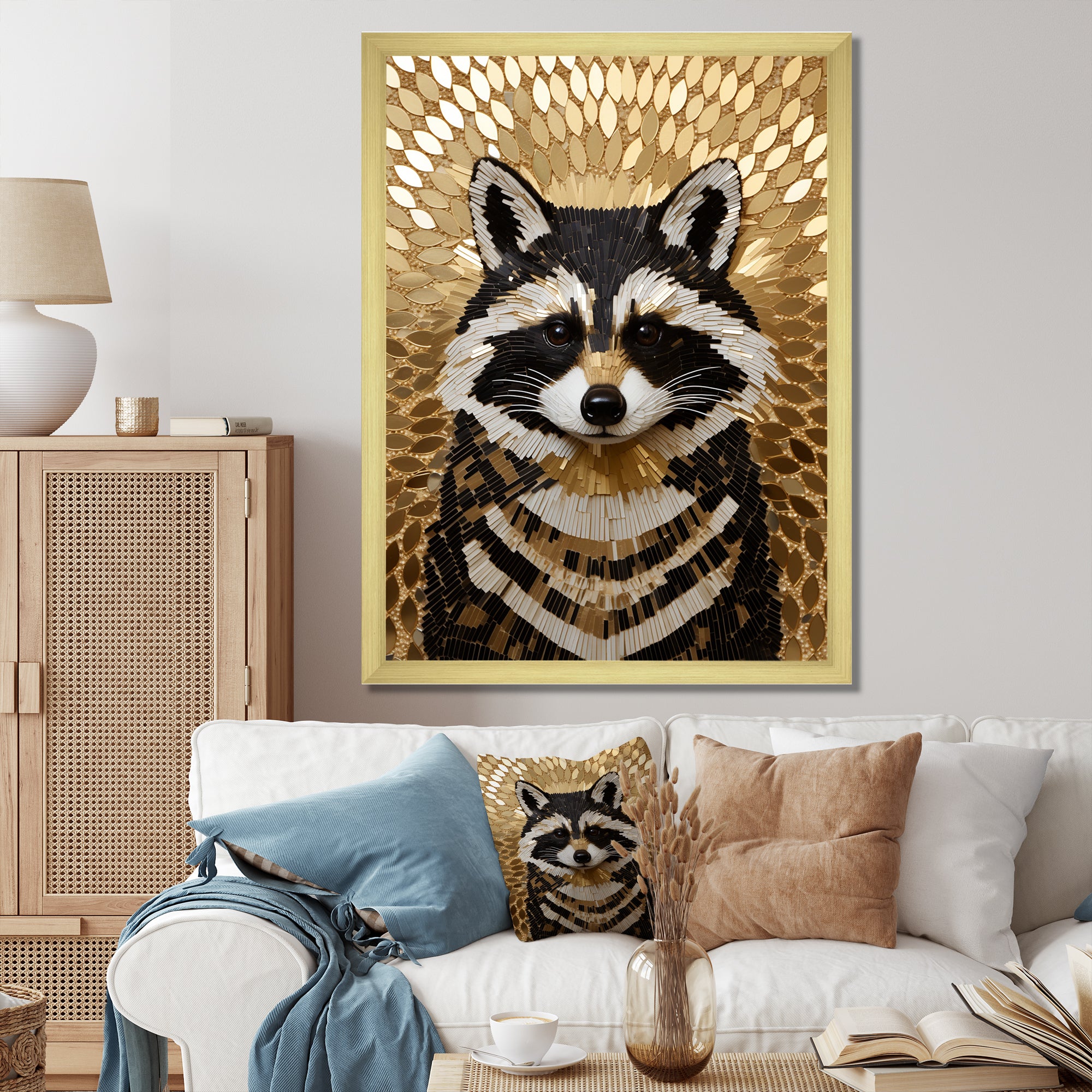Gold and black curious racoon - Raccoon Canvas Wall Art