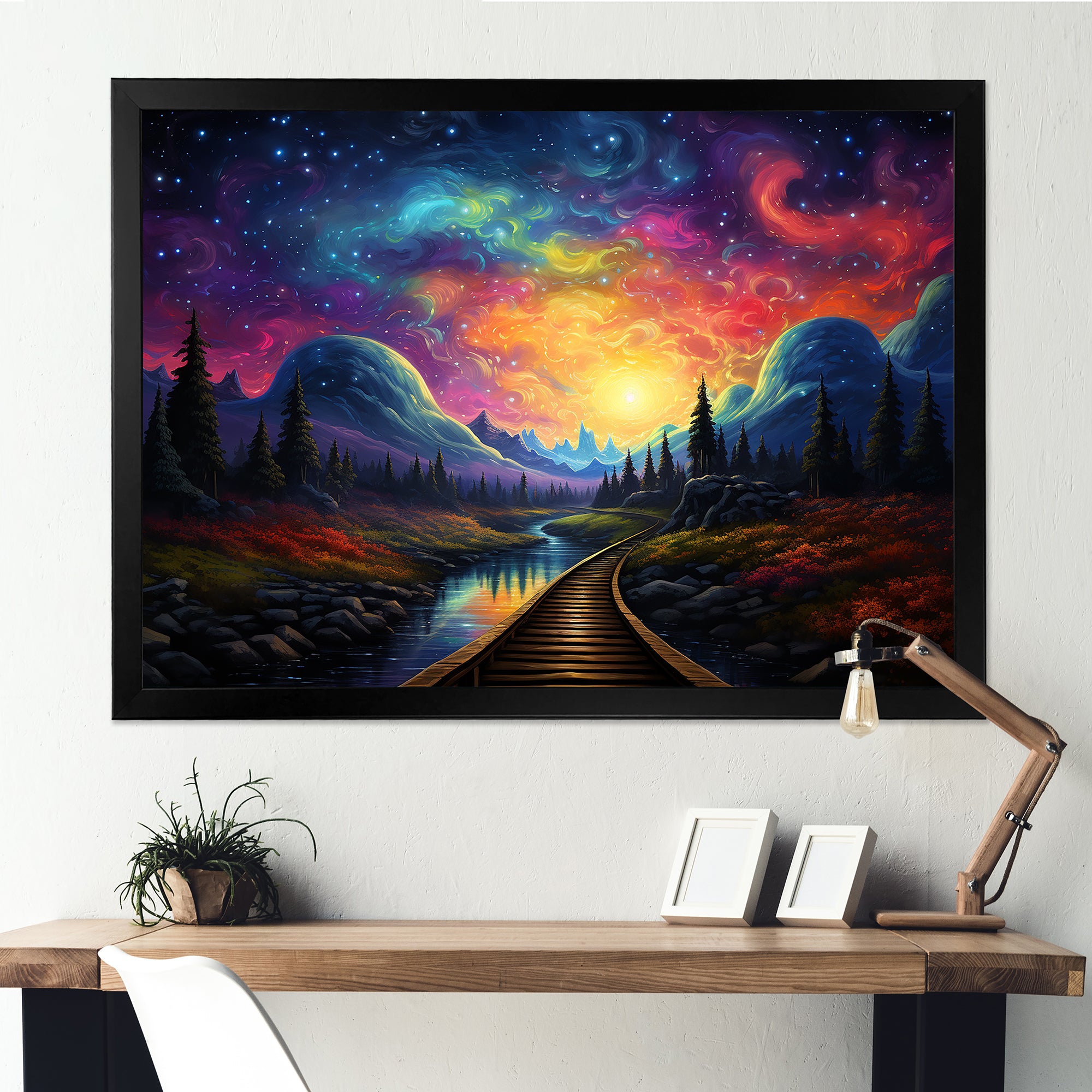 Starry Night Train tracks to the sky I - Train Canvas Wall Art