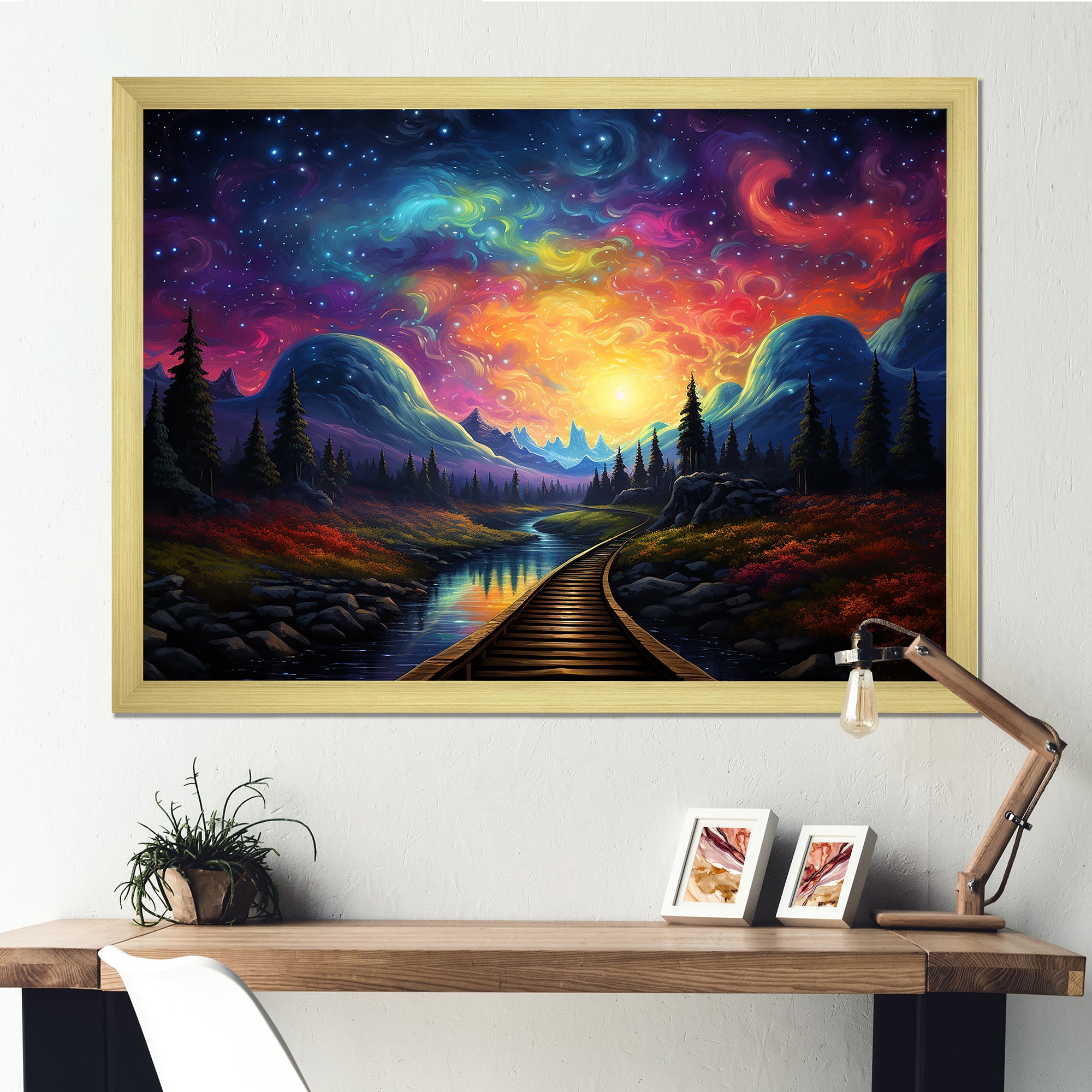 Starry Night Train tracks to the sky I - Train Canvas Wall Art