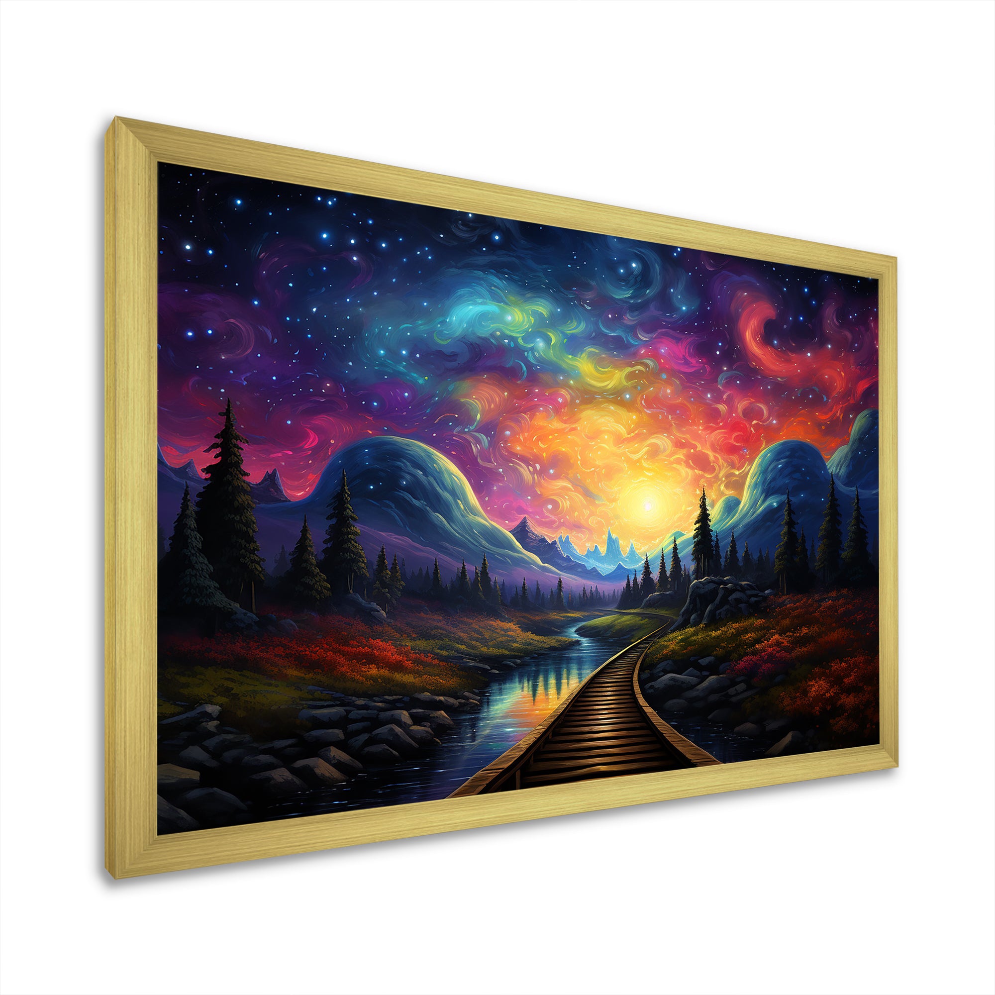 Starry Night Train tracks to the sky I - Train Canvas Wall Art