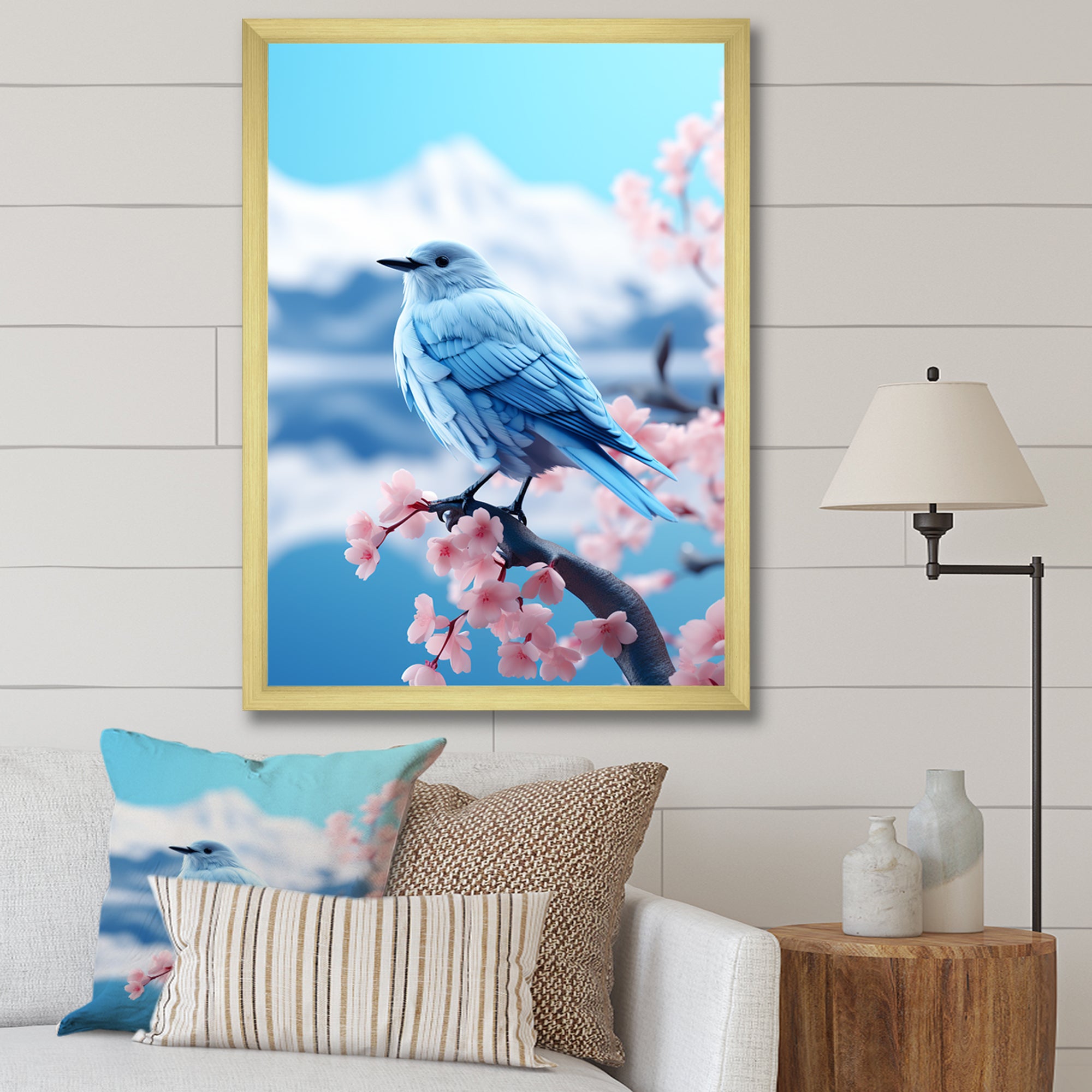 Japan blue bird Frost on pink Thistle - Bird Floral Wall Decor