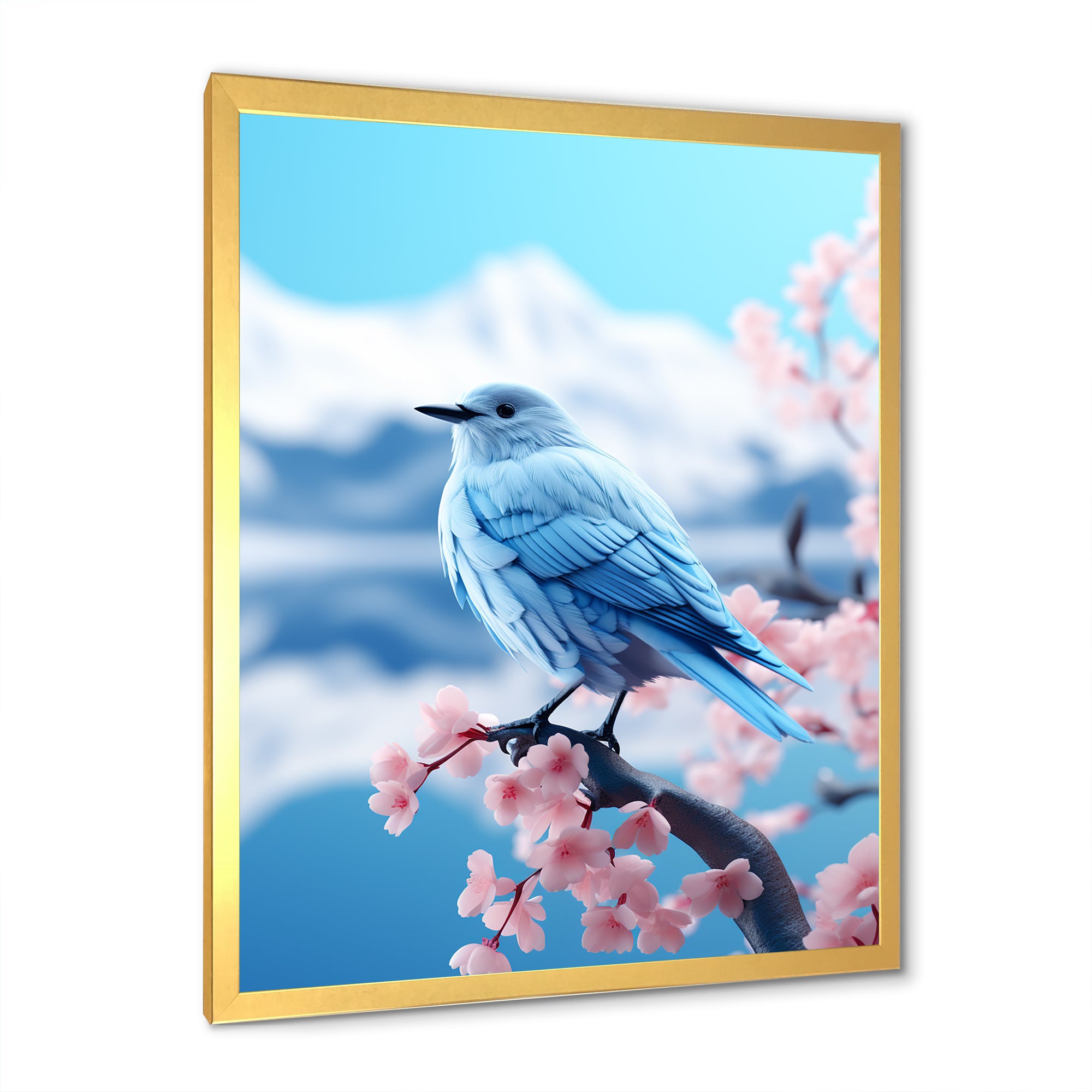 Japan blue bird Frost on pink Thistle - Bird Floral Wall Decor