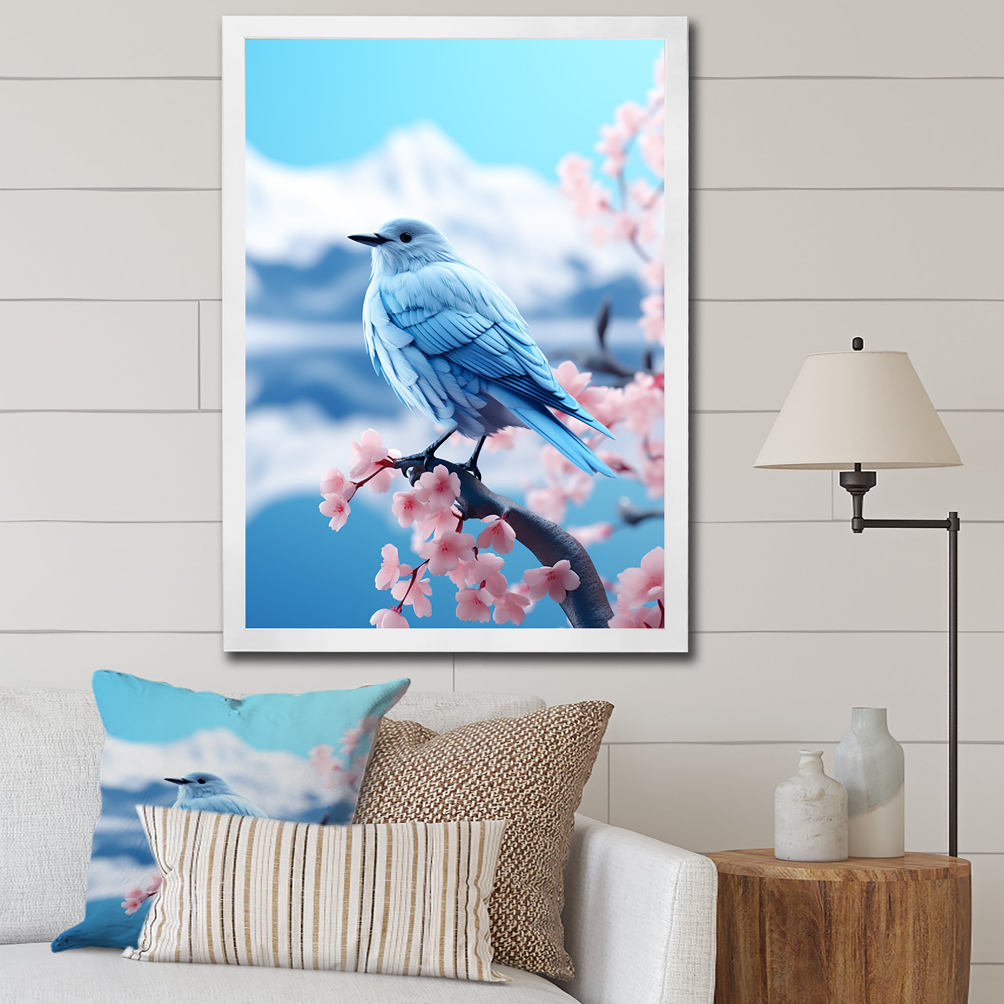 Japan blue bird Frost on pink Thistle - Bird Floral Wall Decor