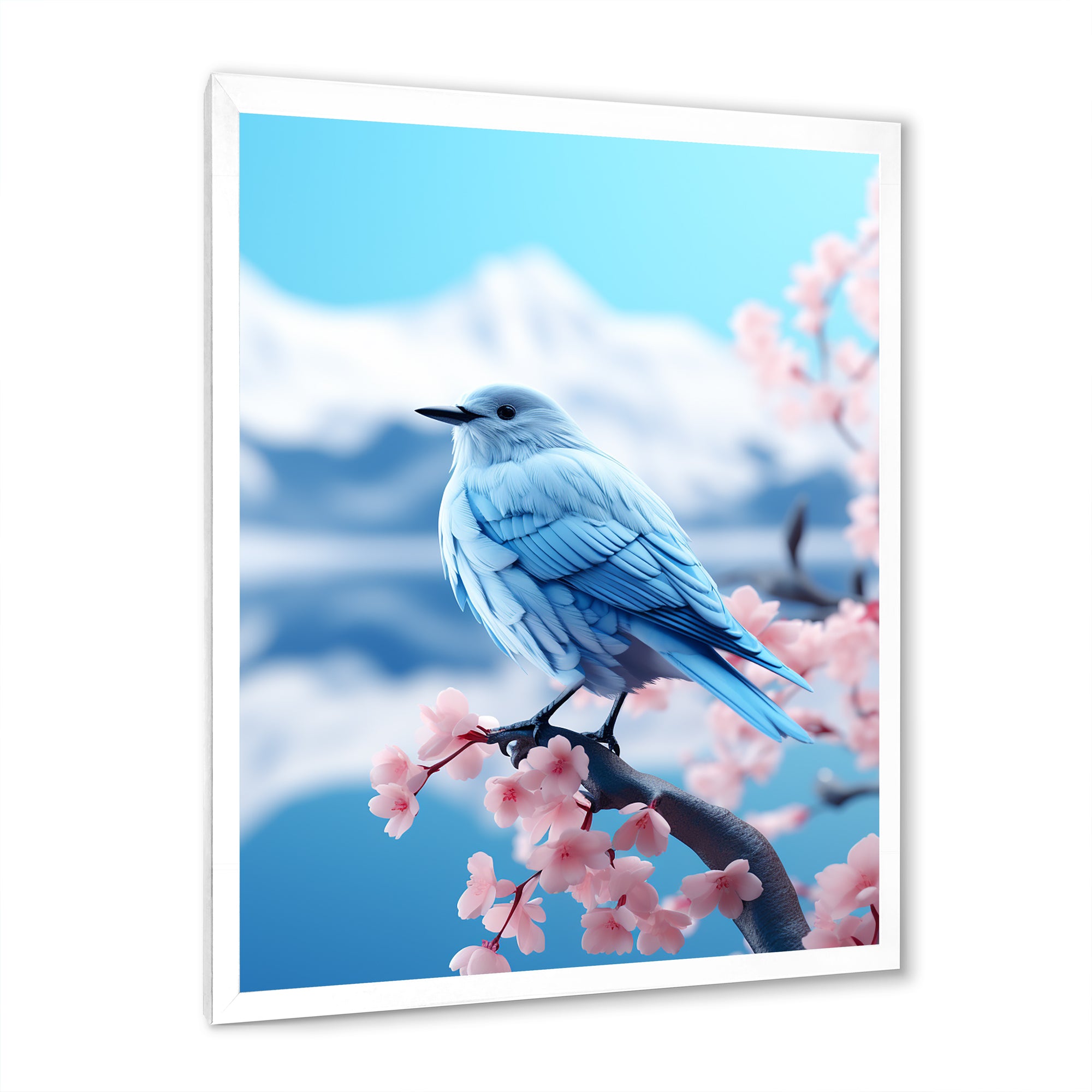 Japan blue bird Frost on pink Thistle - Bird Floral Wall Decor