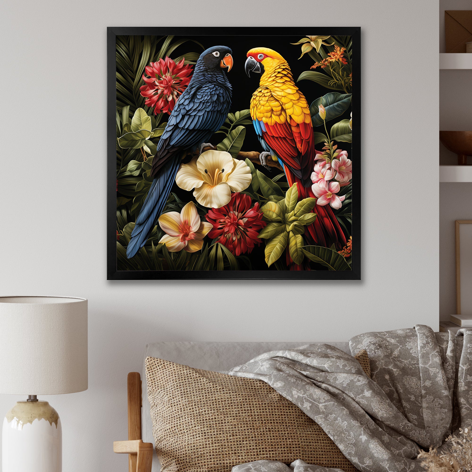 Yellow and blue Tropical Parrots - Blue Parrot Wall Art