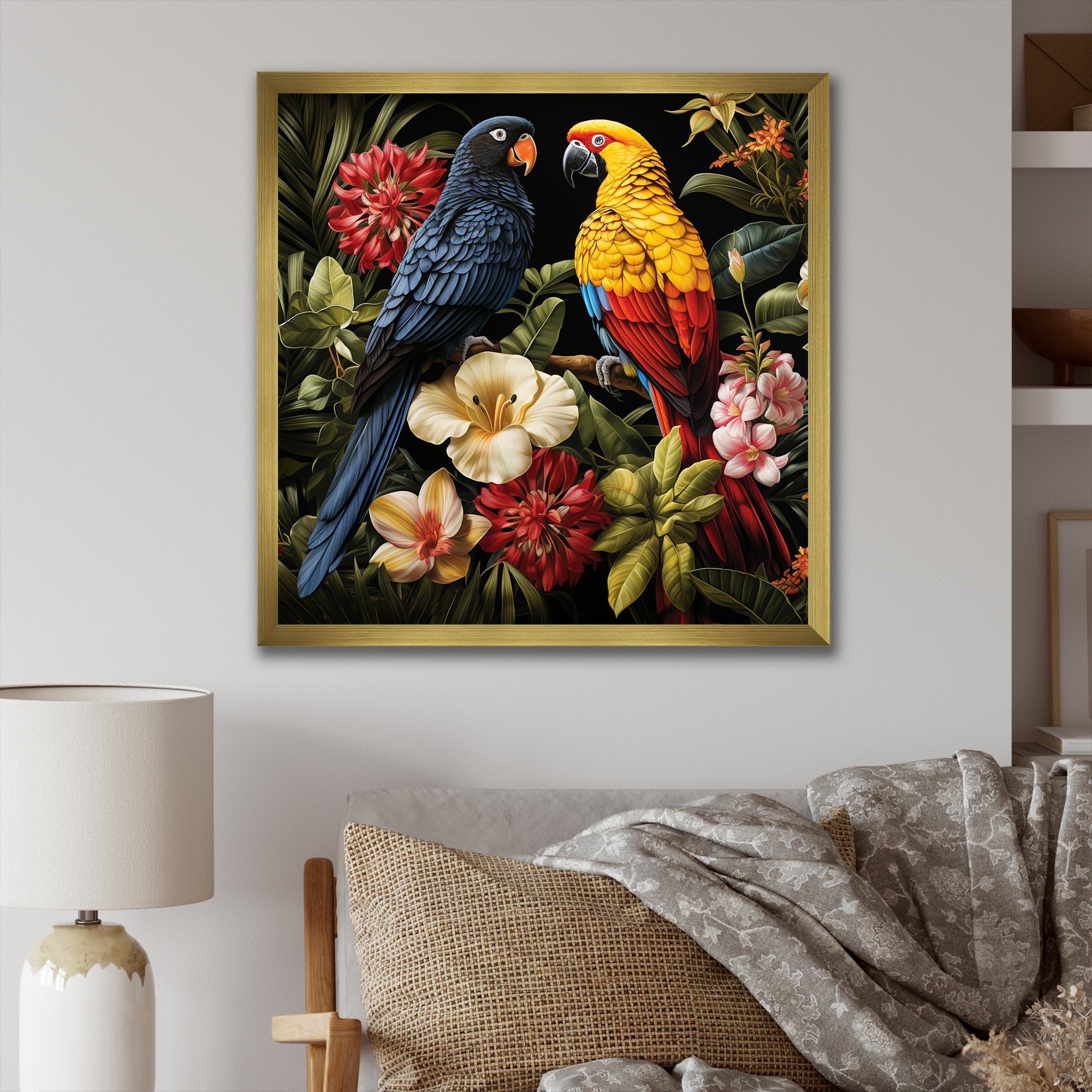 Yellow and blue Tropical Parrots - Blue Parrot Wall Art