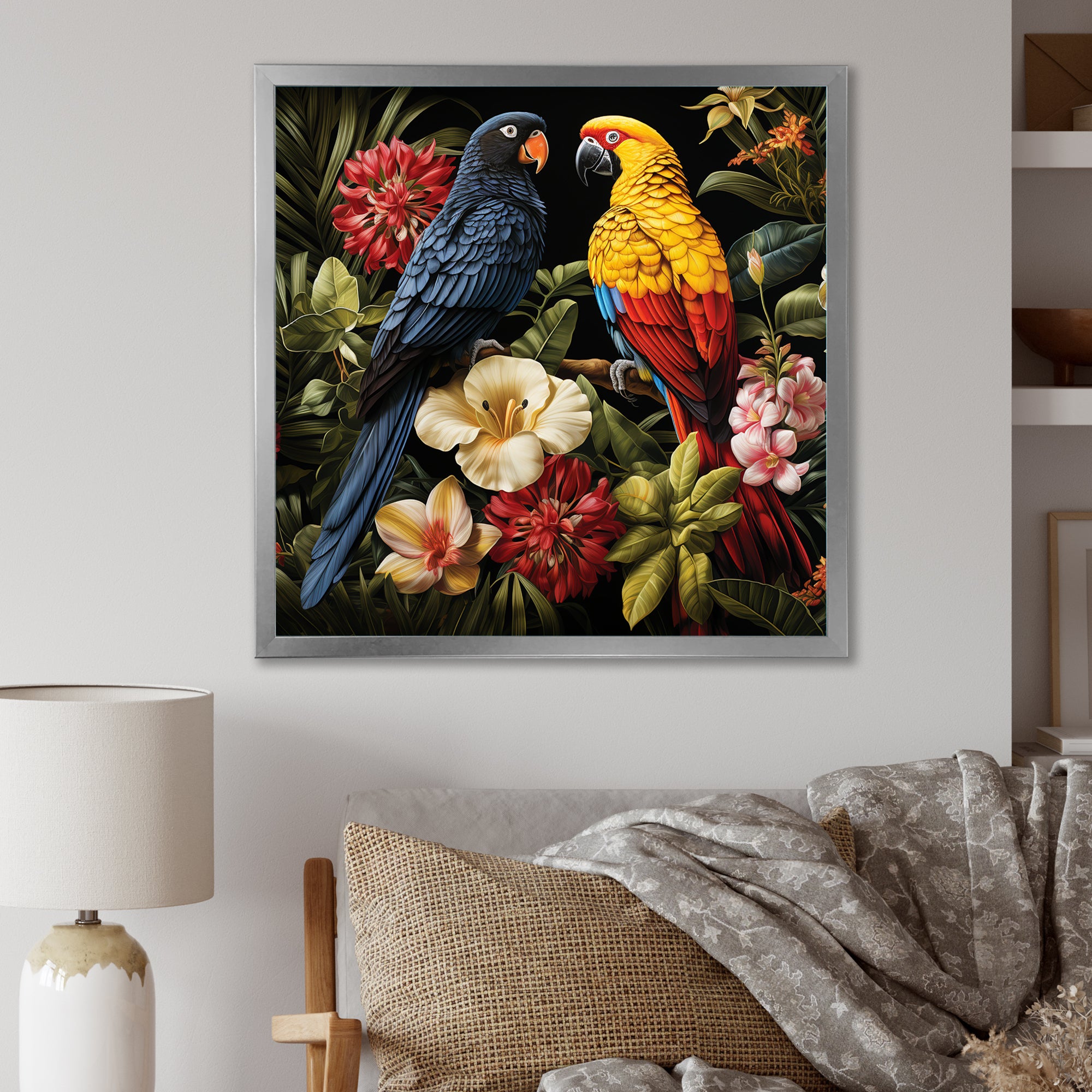 Yellow and blue Tropical Parrots - Blue Parrot Wall Art