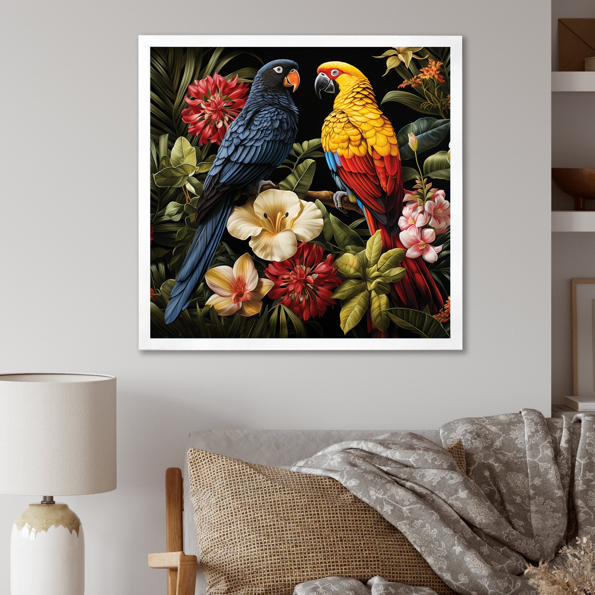 Yellow and blue Tropical Parrots - Blue Parrot Wall Art