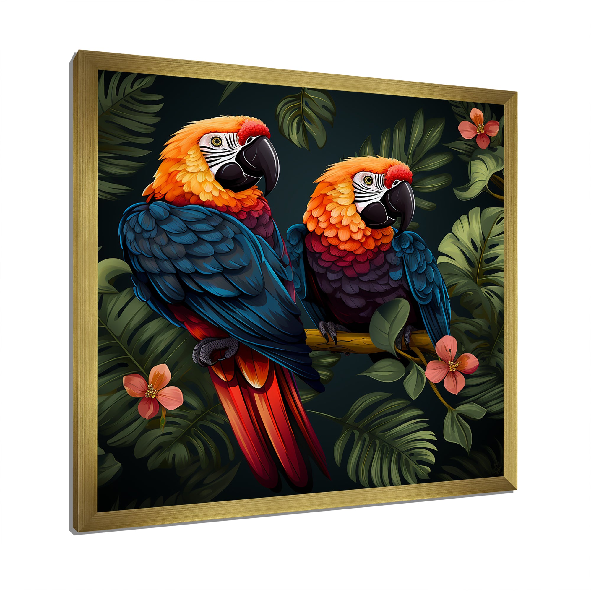 Orange and green Tropical parrots - Parrot Framed Canvas Art