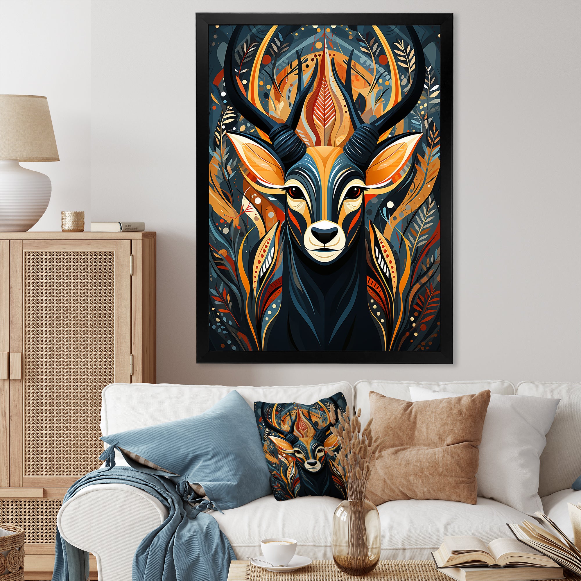 Orange and green African Deer spirit - Deer Framed Canvas Art