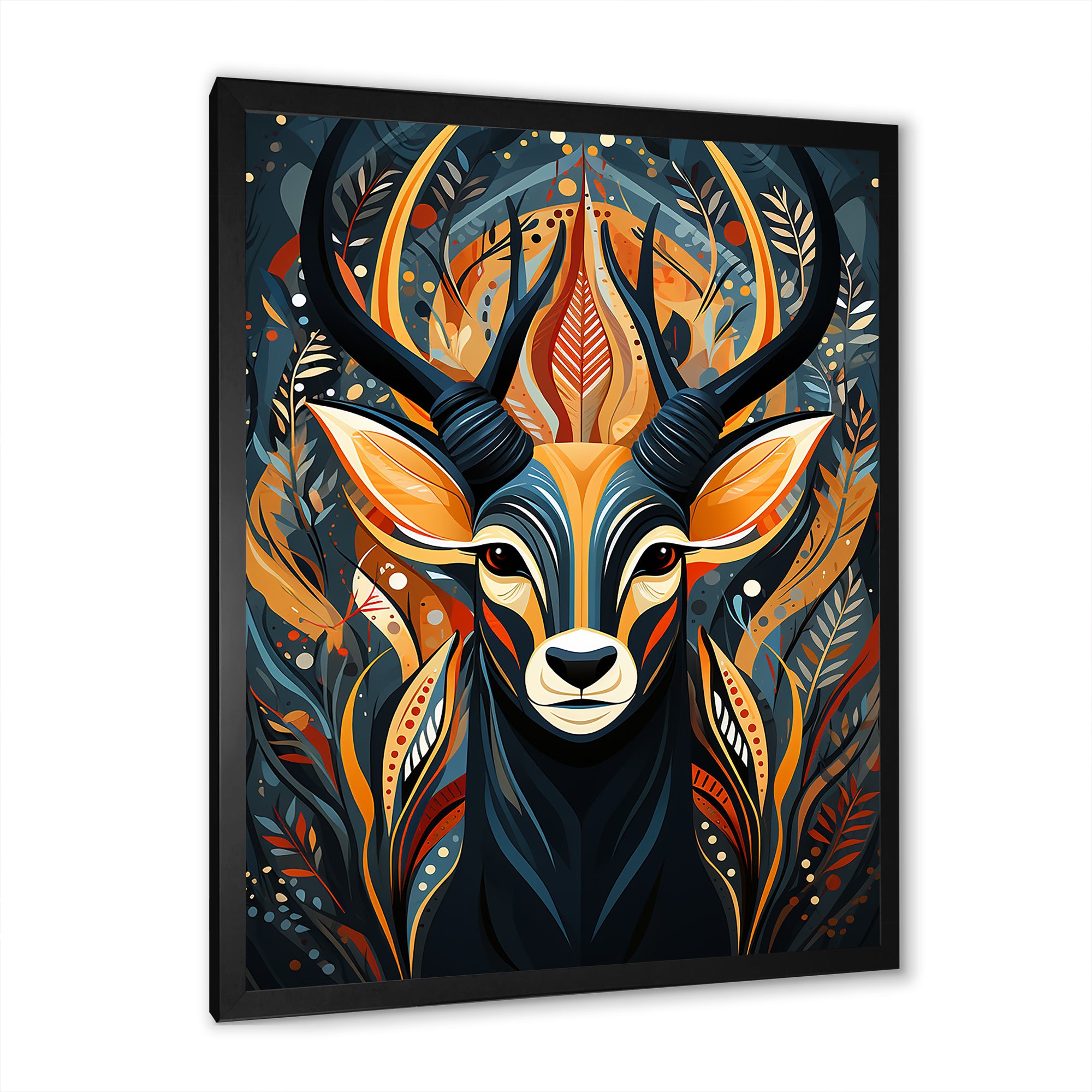 Orange and green African Deer spirit - Deer Framed Canvas Art