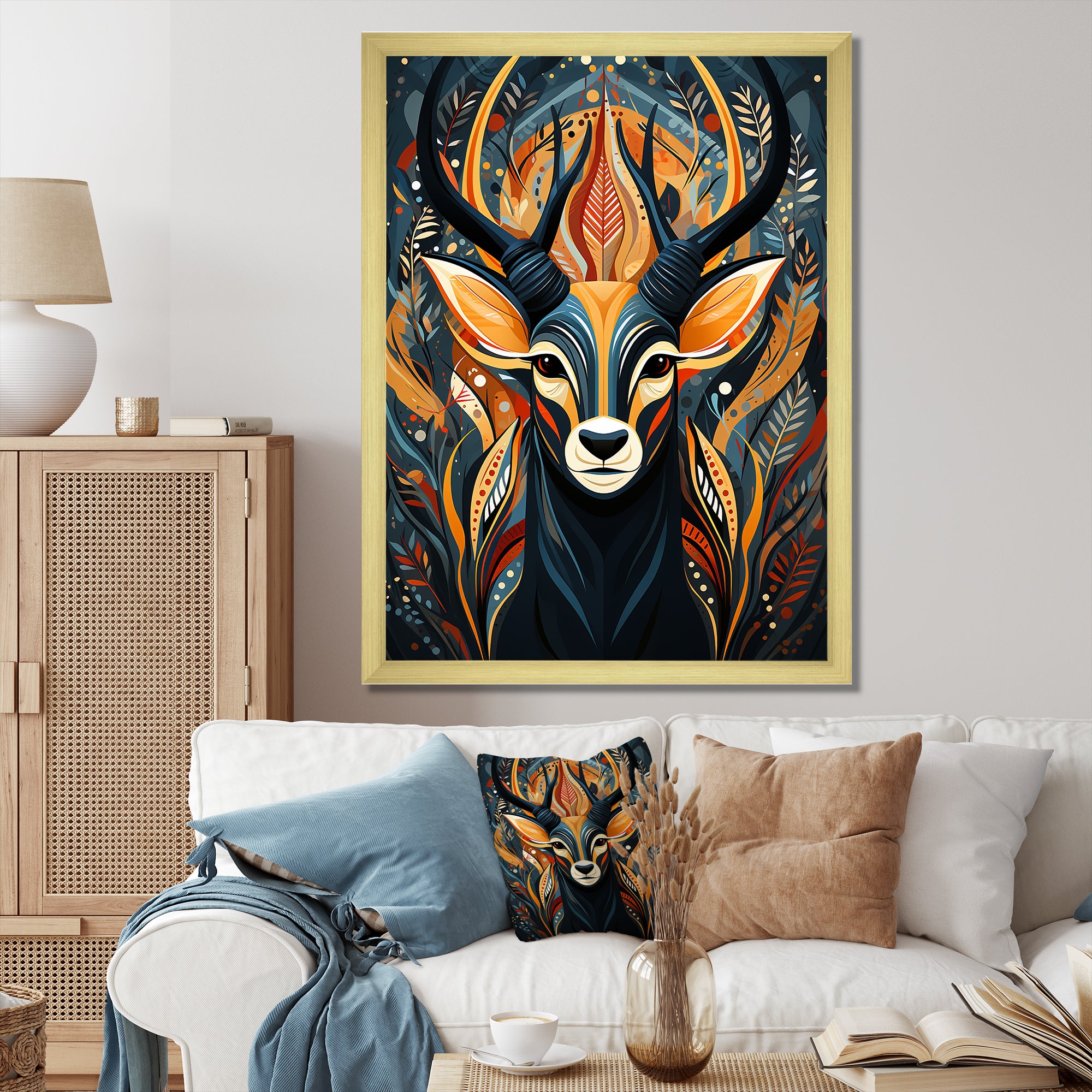 Orange and green African Deer spirit - Deer Framed Canvas Art