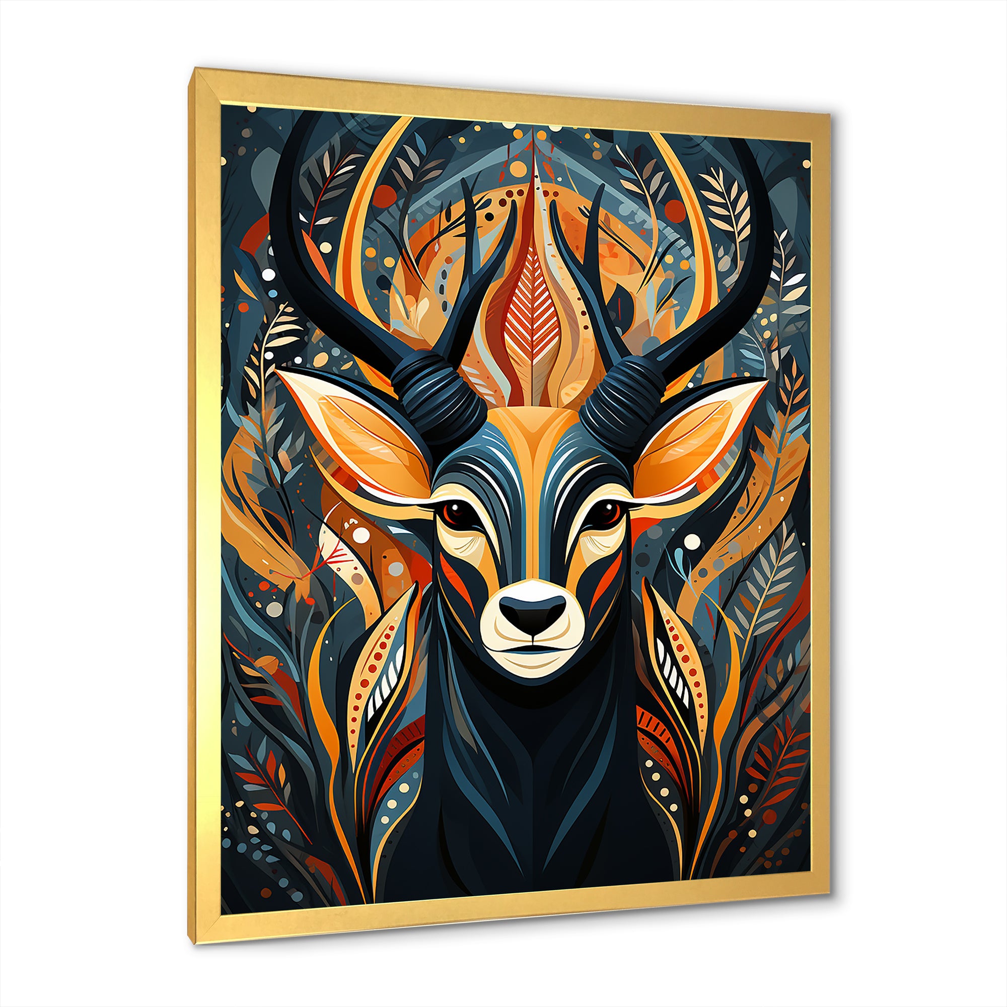 Orange and green African Deer spirit - Deer Framed Canvas Art