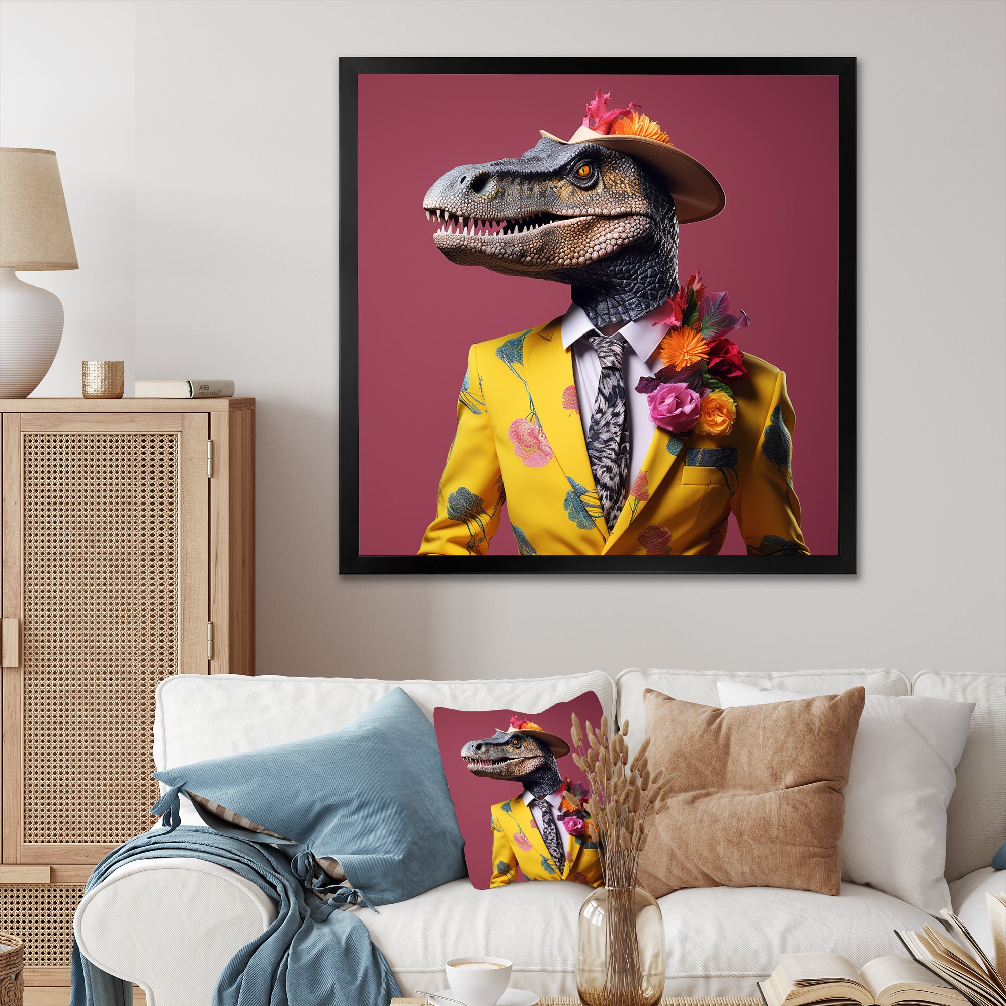 Pink and yellow Fashion dinosaur in suit - Pink Dinosaur Wall Art