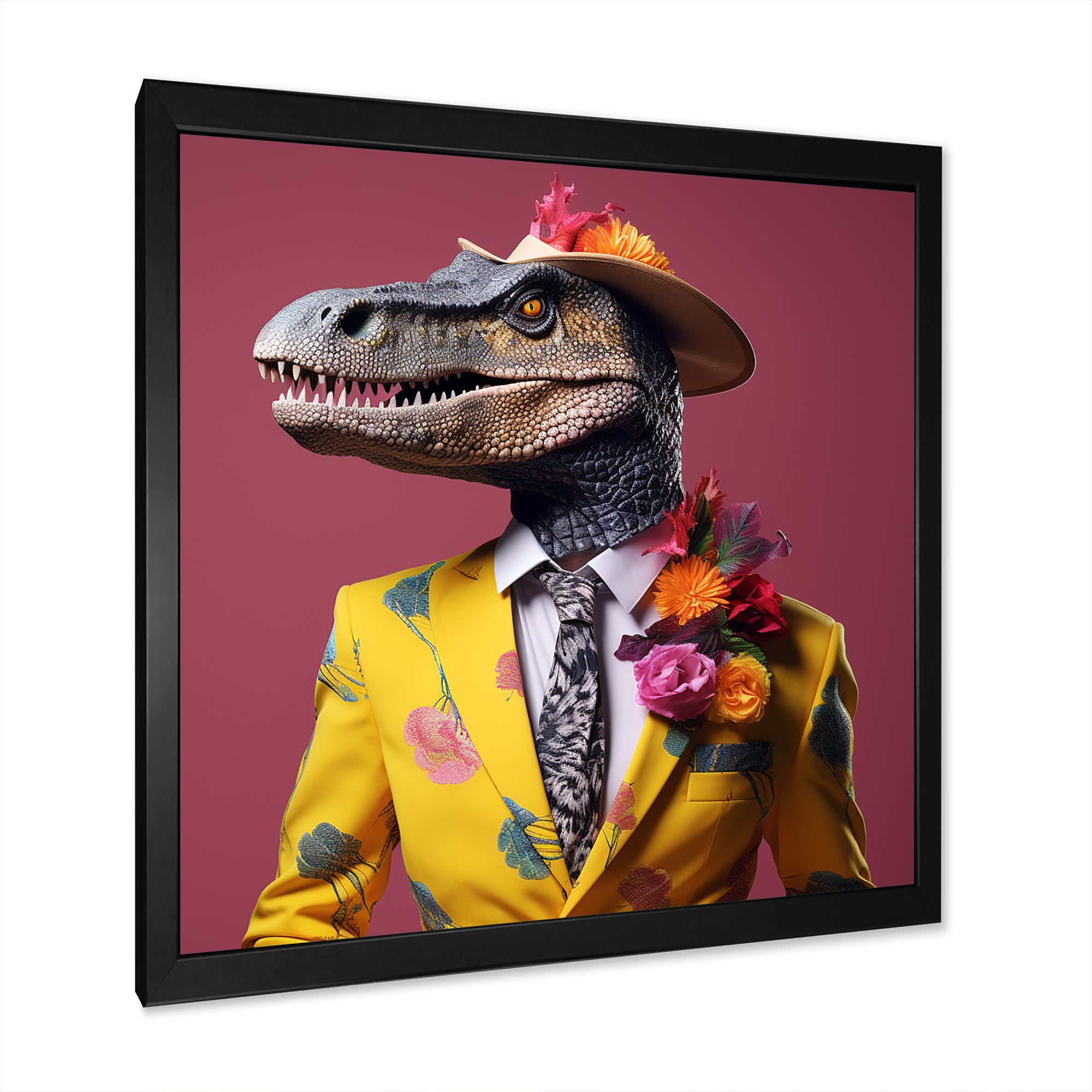 Pink and yellow Fashion dinosaur in suit - Pink Dinosaur Wall Art