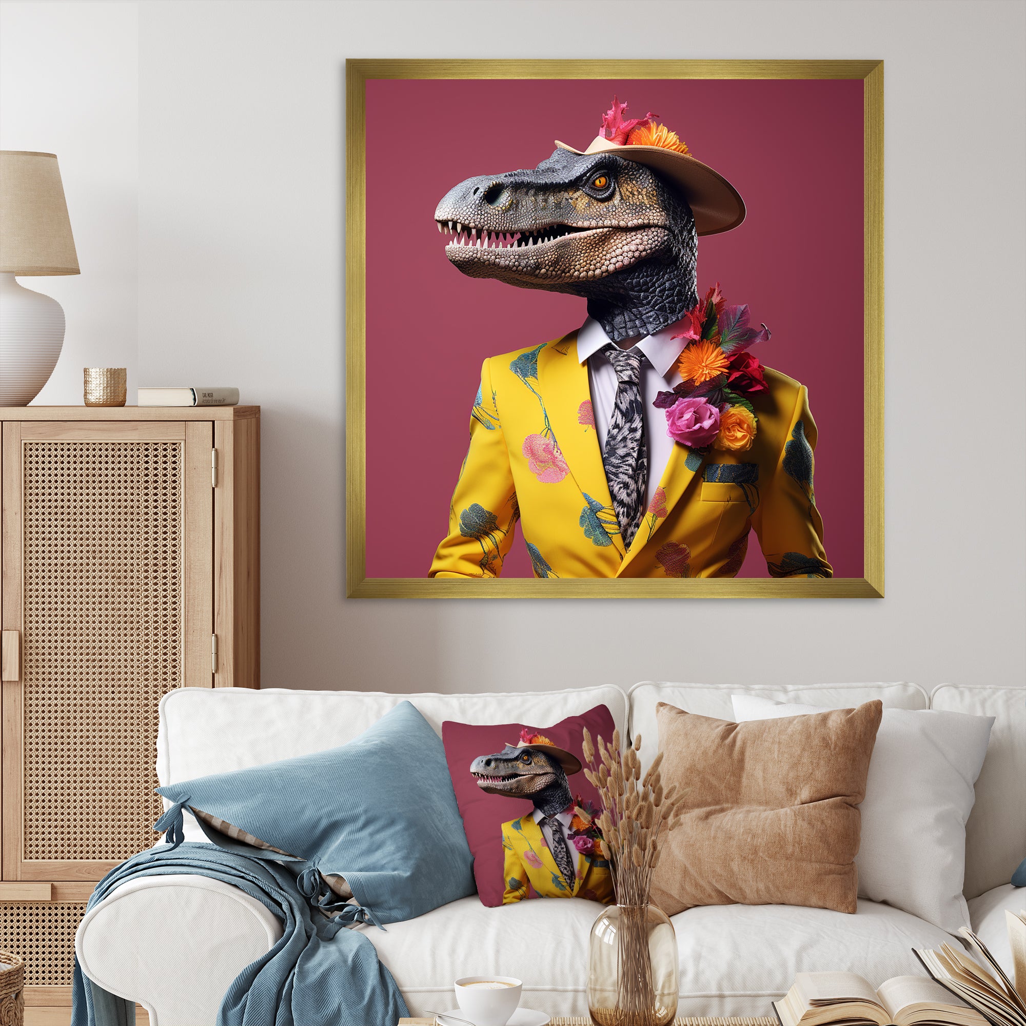 Pink and yellow Fashion dinosaur in suit - Pink Dinosaur Wall Art