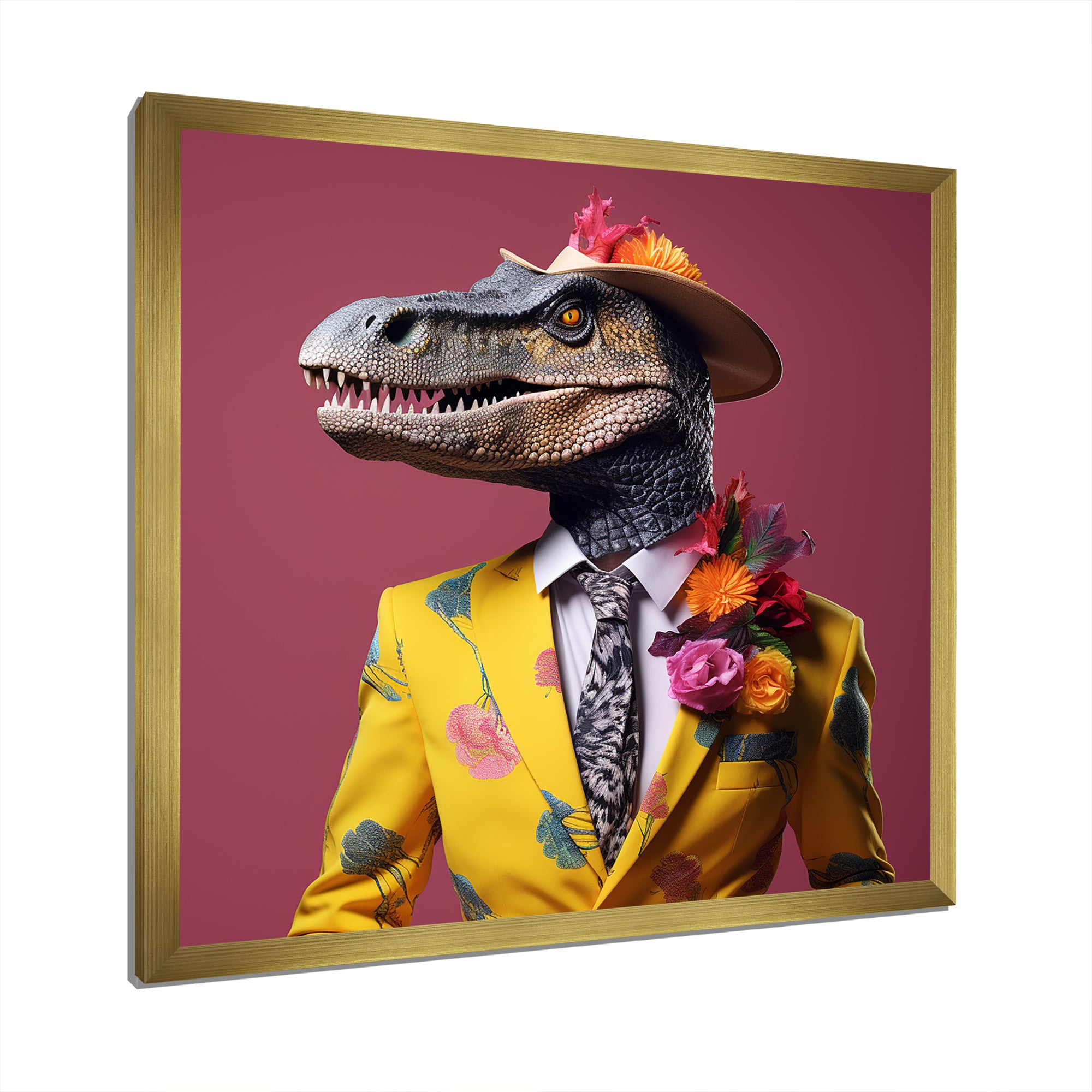 Pink and yellow Fashion dinosaur in suit - Pink Dinosaur Wall Art
