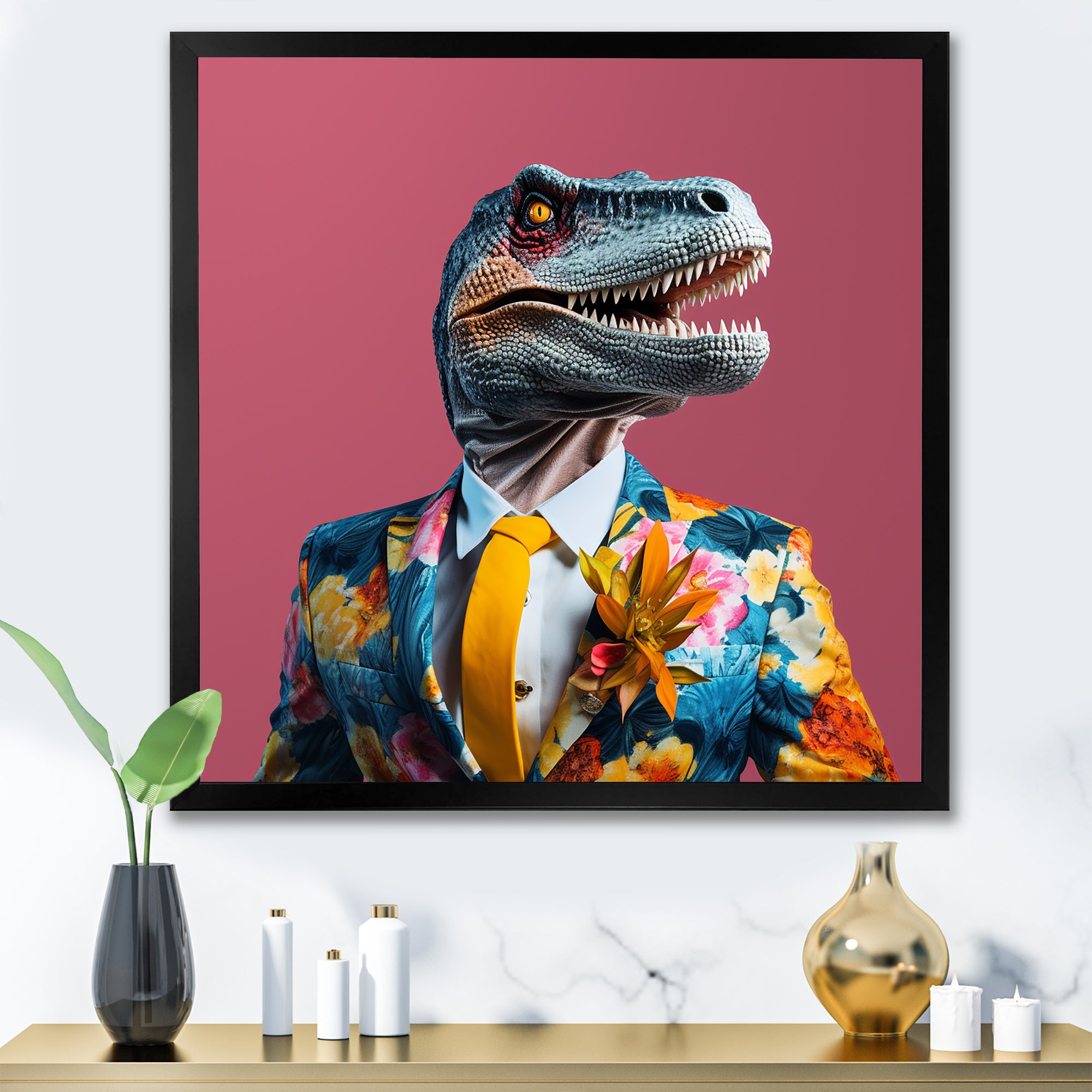 Yellow and pink Fashion first dressed Dinosaur - Dinosaur Large Canvas Wall Art