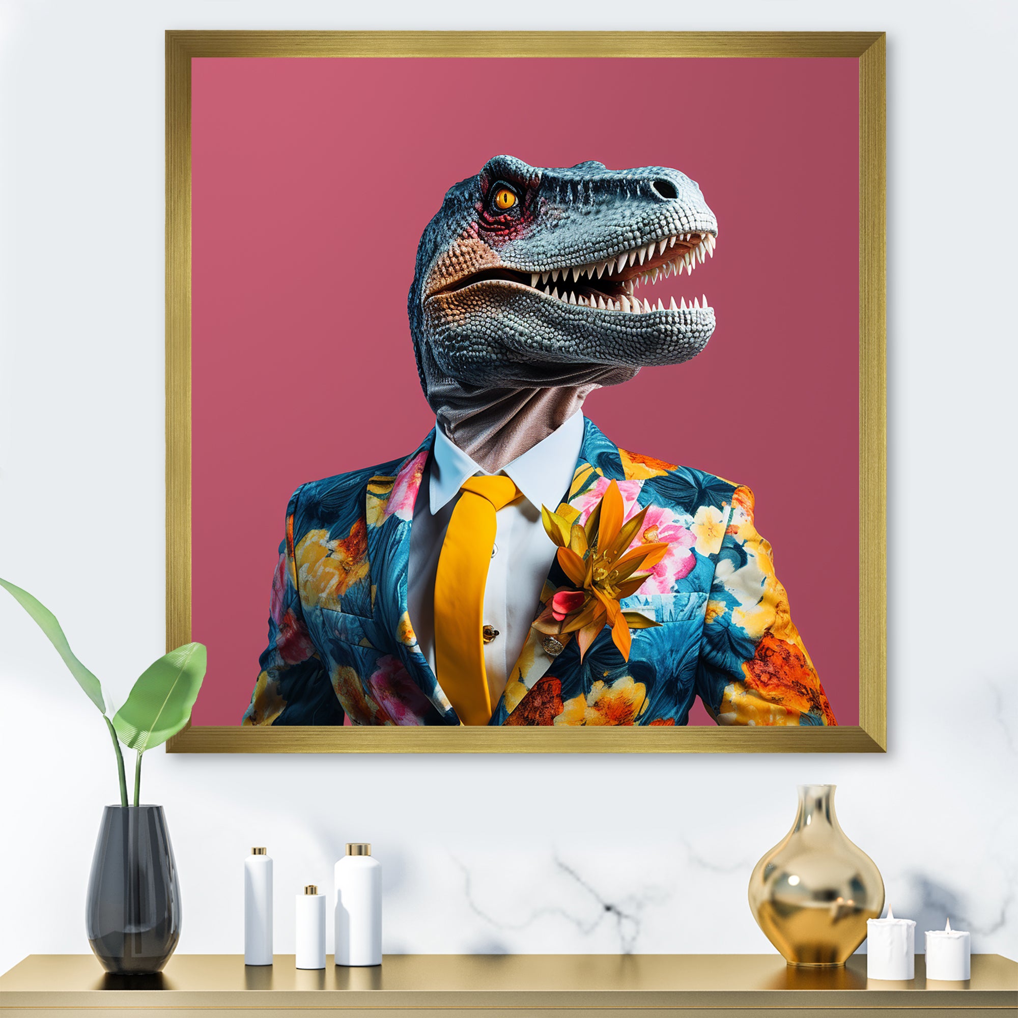 Yellow and pink Fashion first dressed Dinosaur - Dinosaur Large Canvas Wall Art