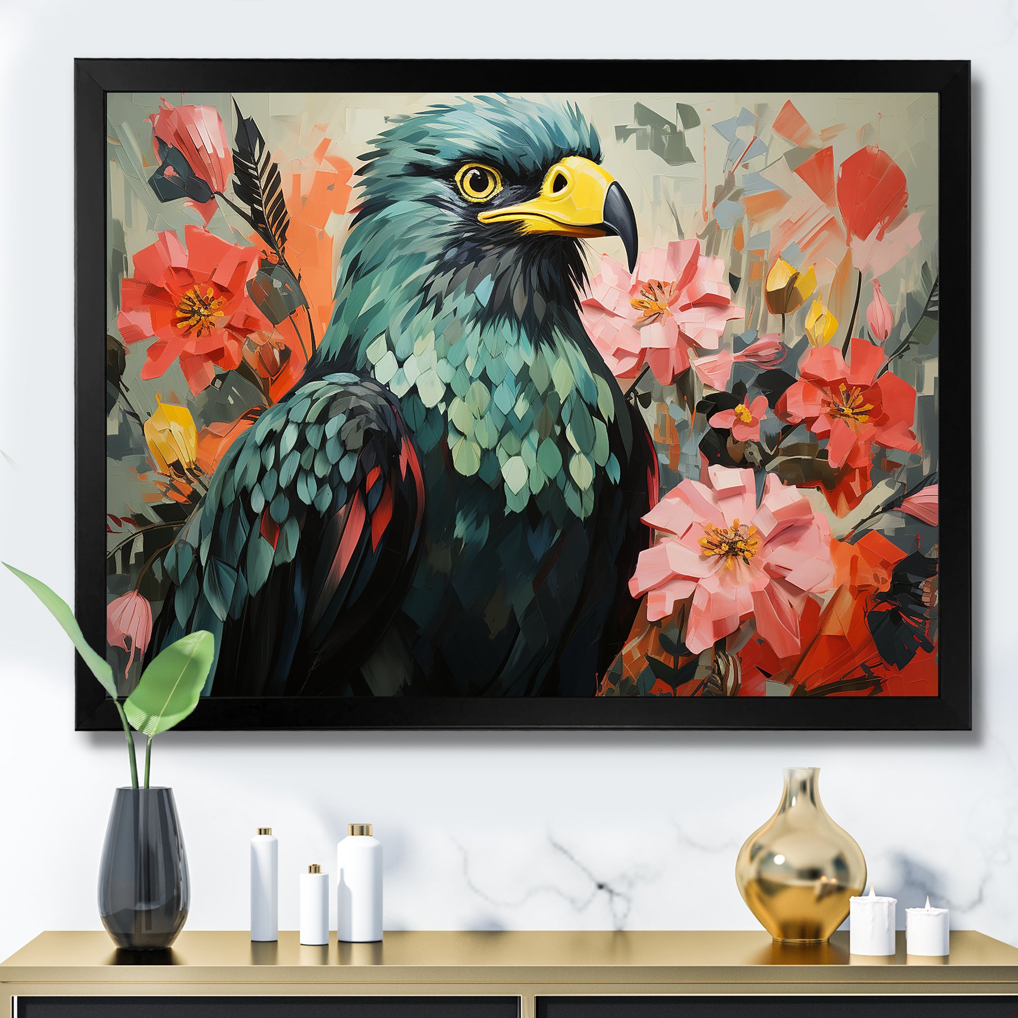 Green Vibrant floral Eagle Portrait - Eagle Wall Art Prints