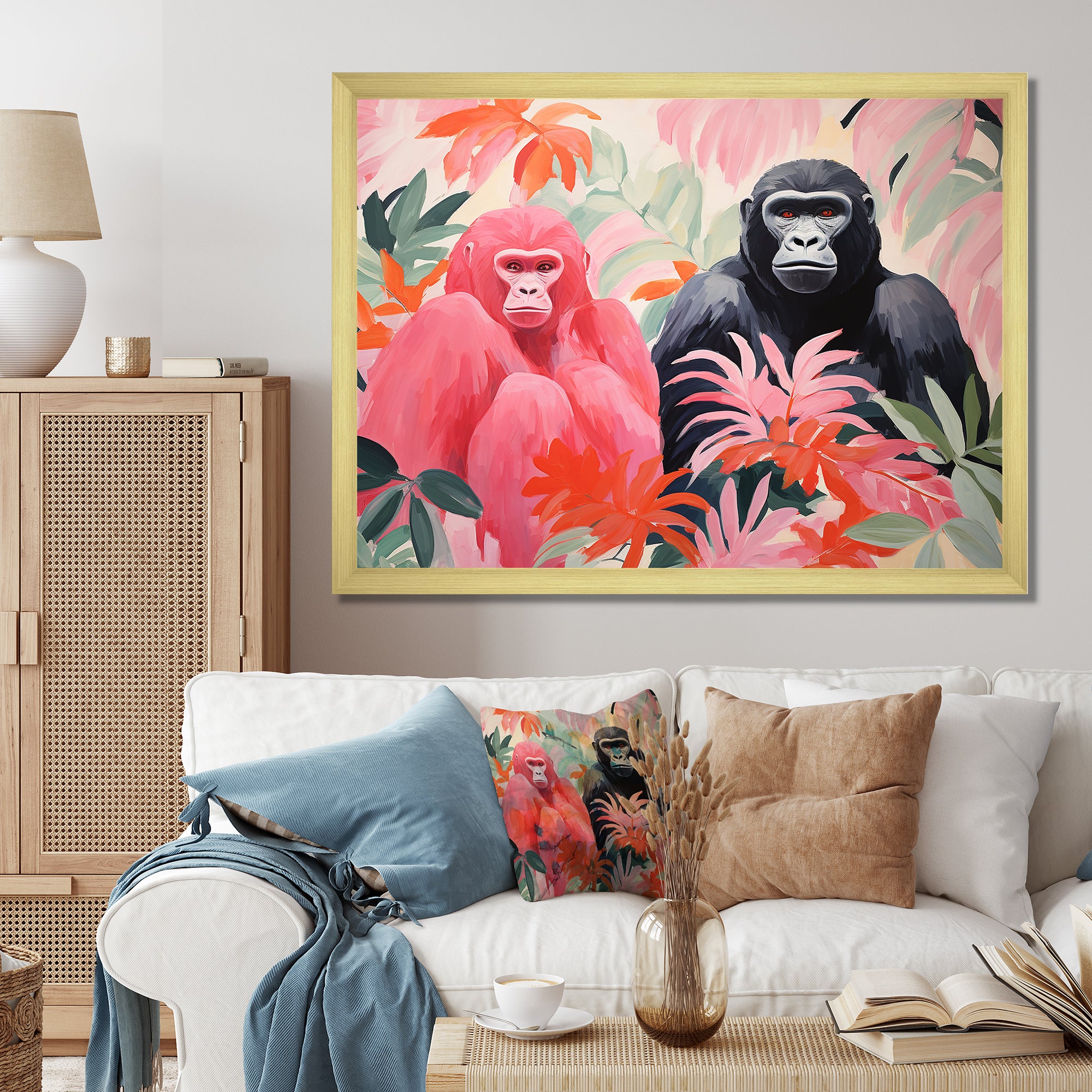 Pink and black Gorilla s Among Palms - Gorilla Wall Decor