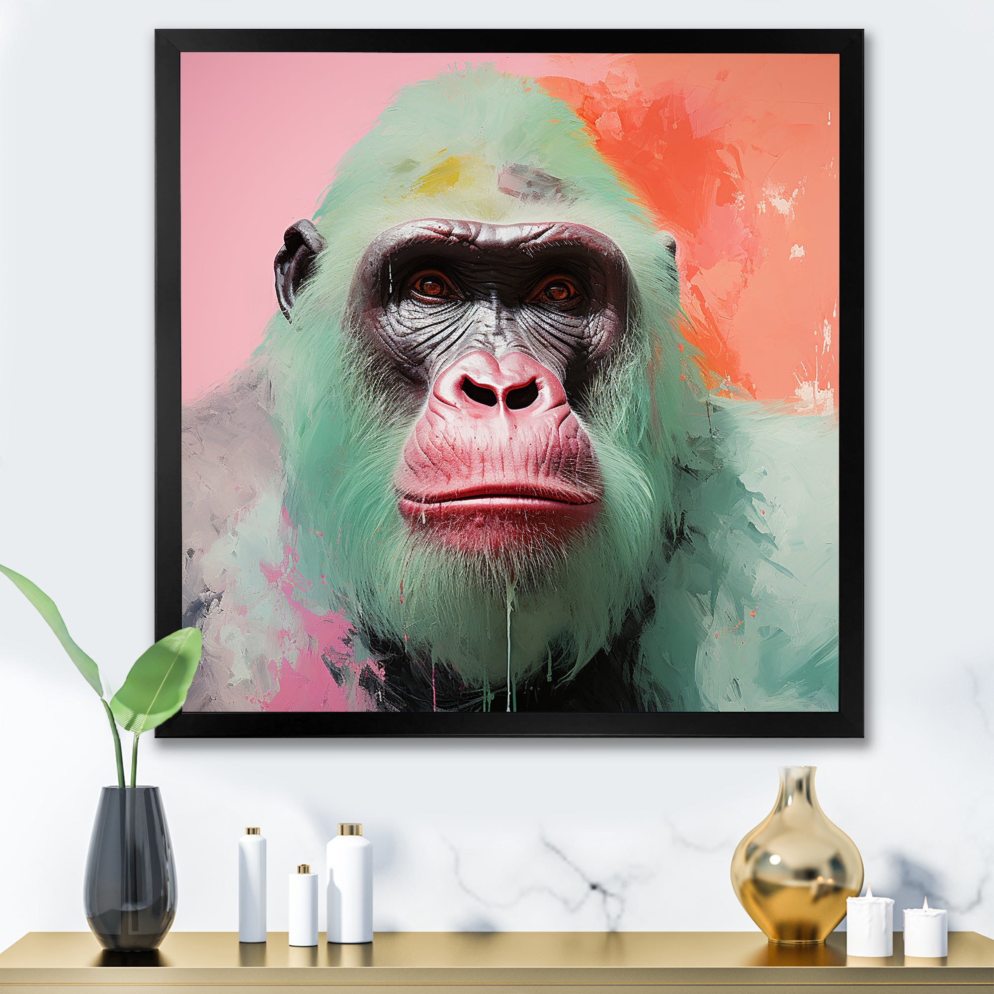 Green and pink Vibrant Gorilla Portrait - Green Gorilla Wall Art