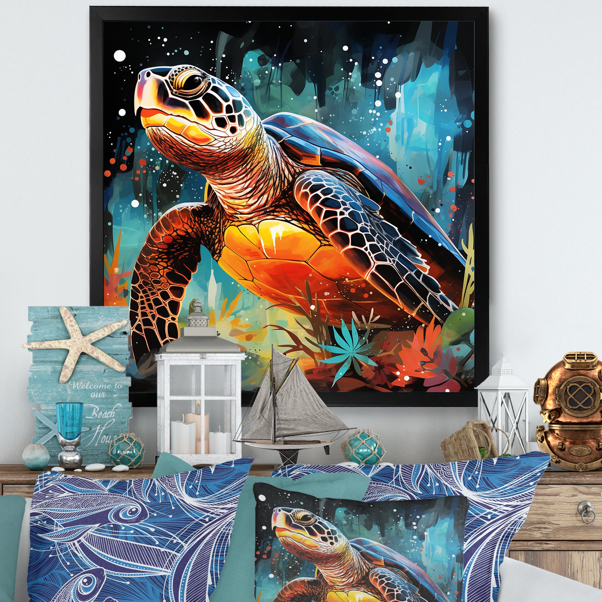 Graceful yellow and blue turtle swim - Turtle Canvas Wall Art