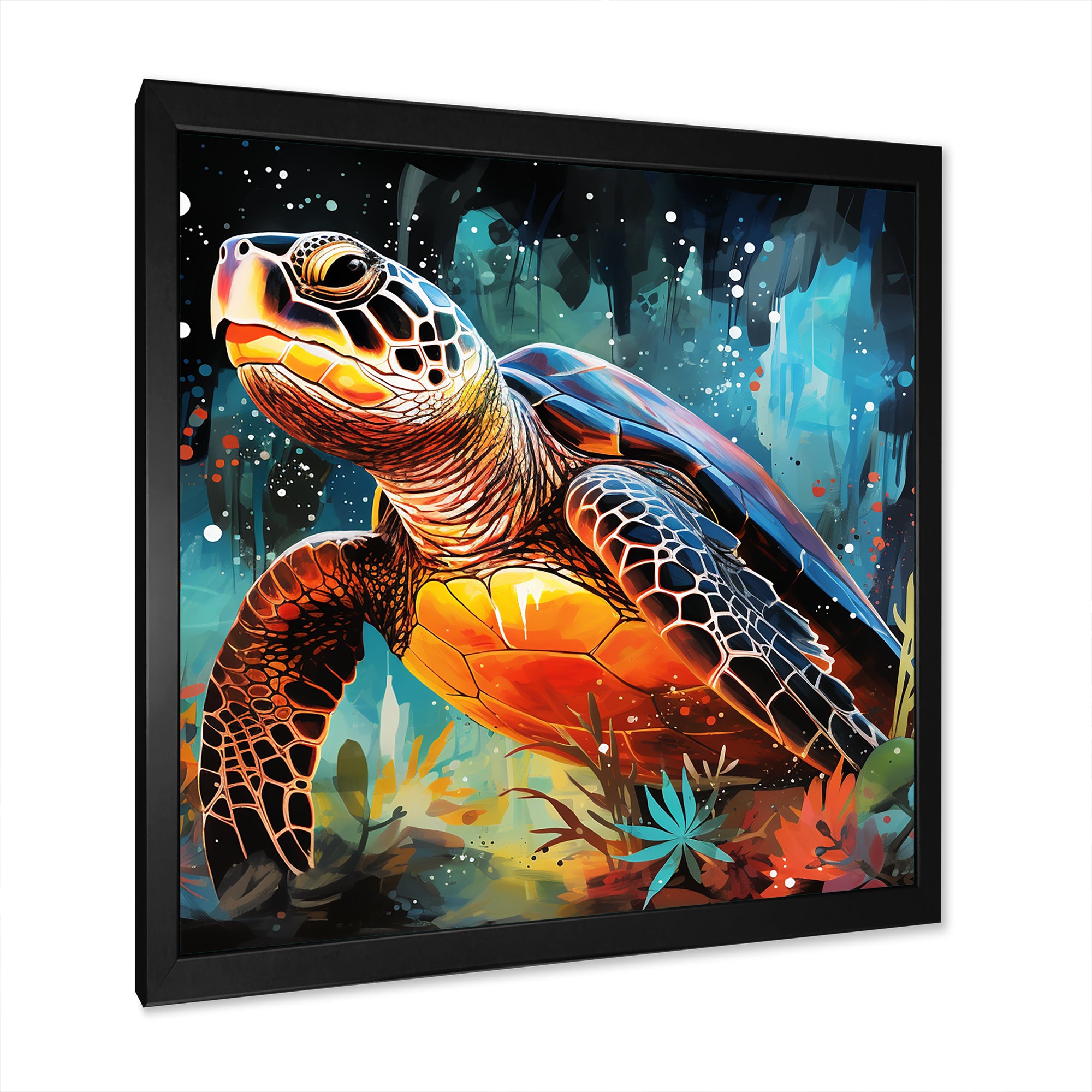 Graceful yellow and blue turtle swim - Turtle Canvas Wall Art