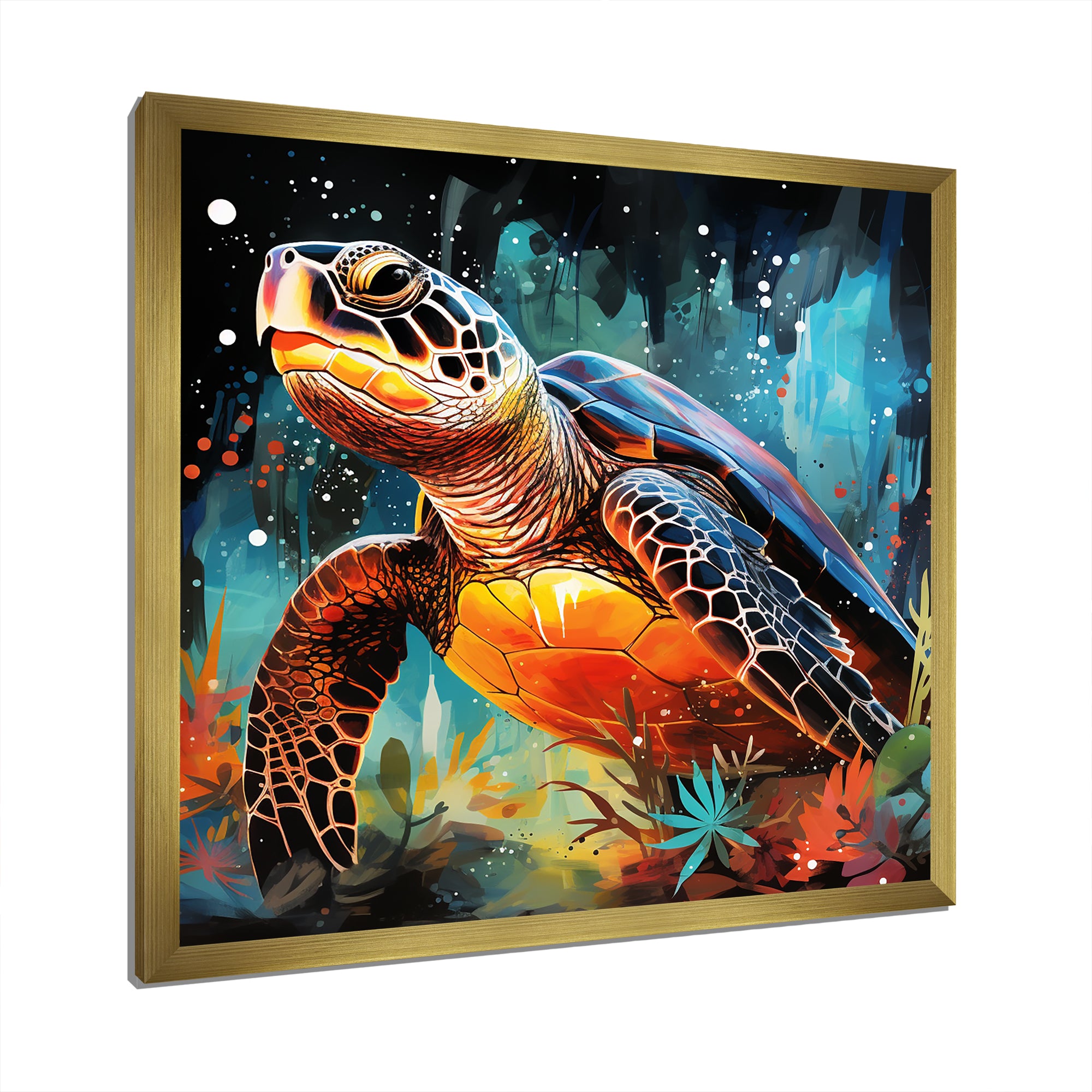 Graceful yellow and blue turtle swim - Turtle Canvas Wall Art