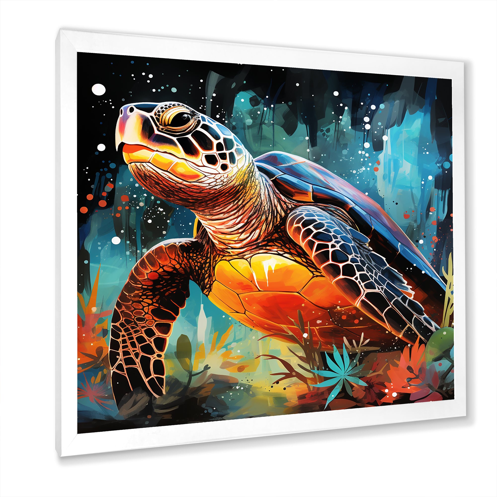 Graceful yellow and blue turtle swim - Turtle Canvas Wall Art