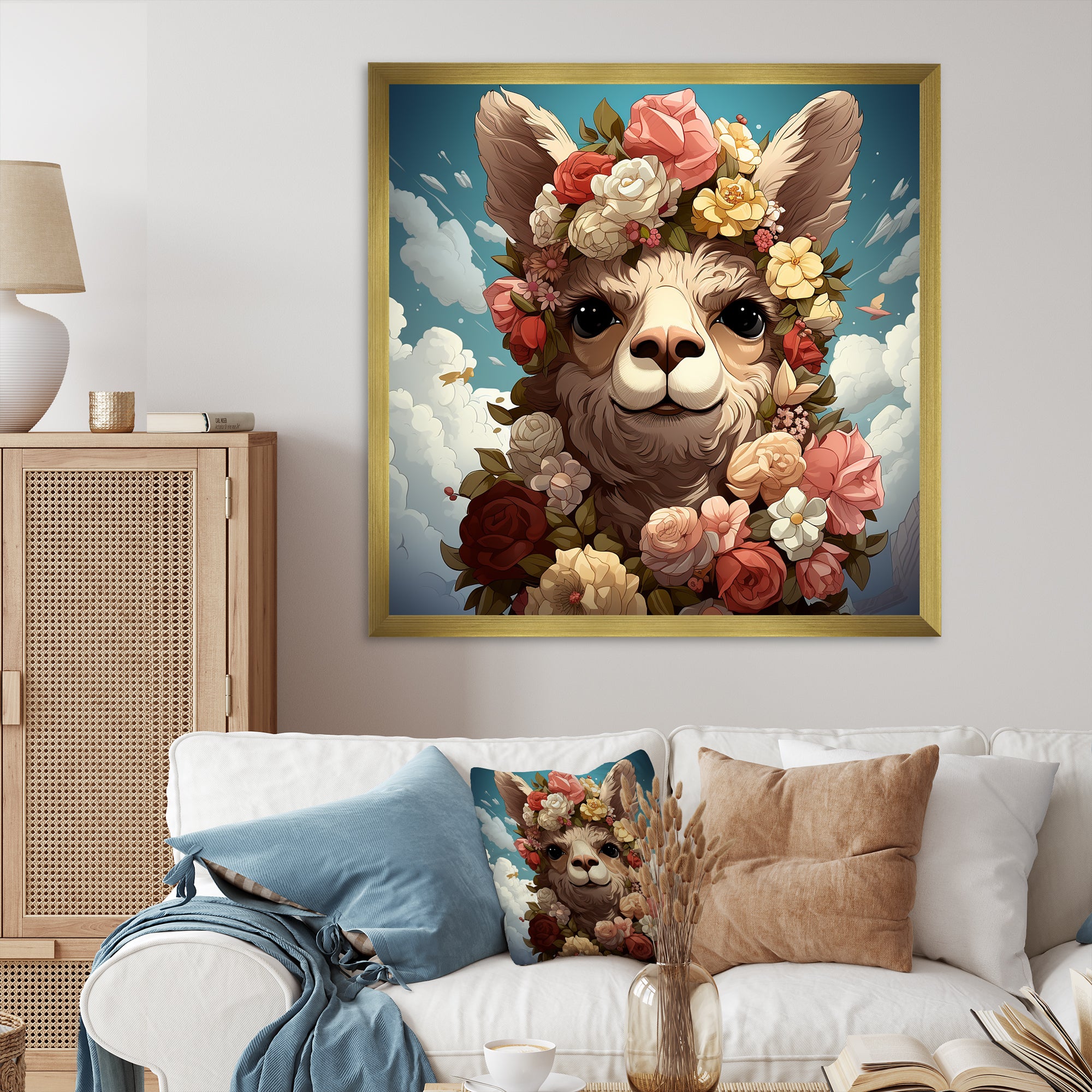 Flower crown Llama beauty - Llama Framed Canvas Art